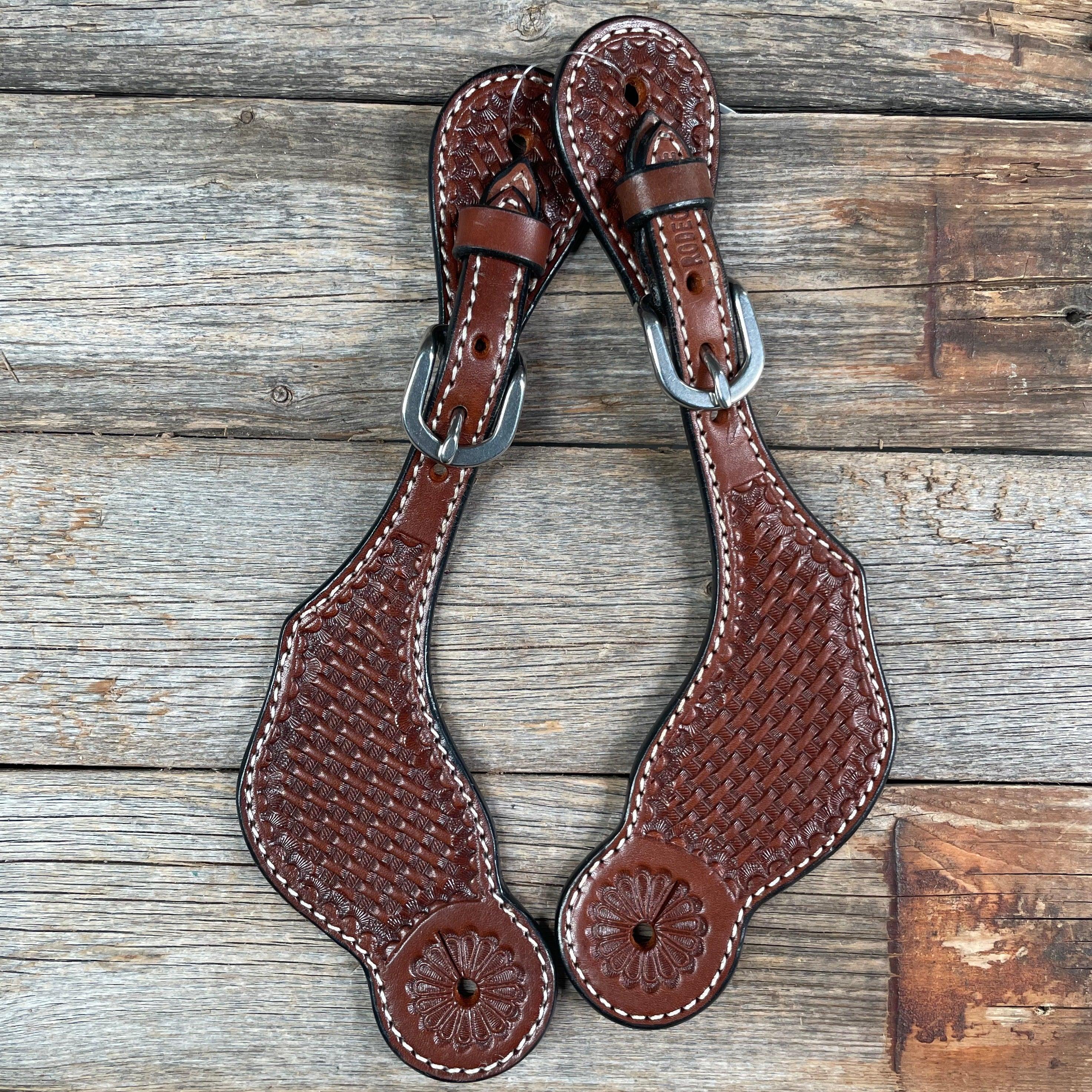 Medium Oil Basketweave Tooled Spur Straps - RODEO DRIVE