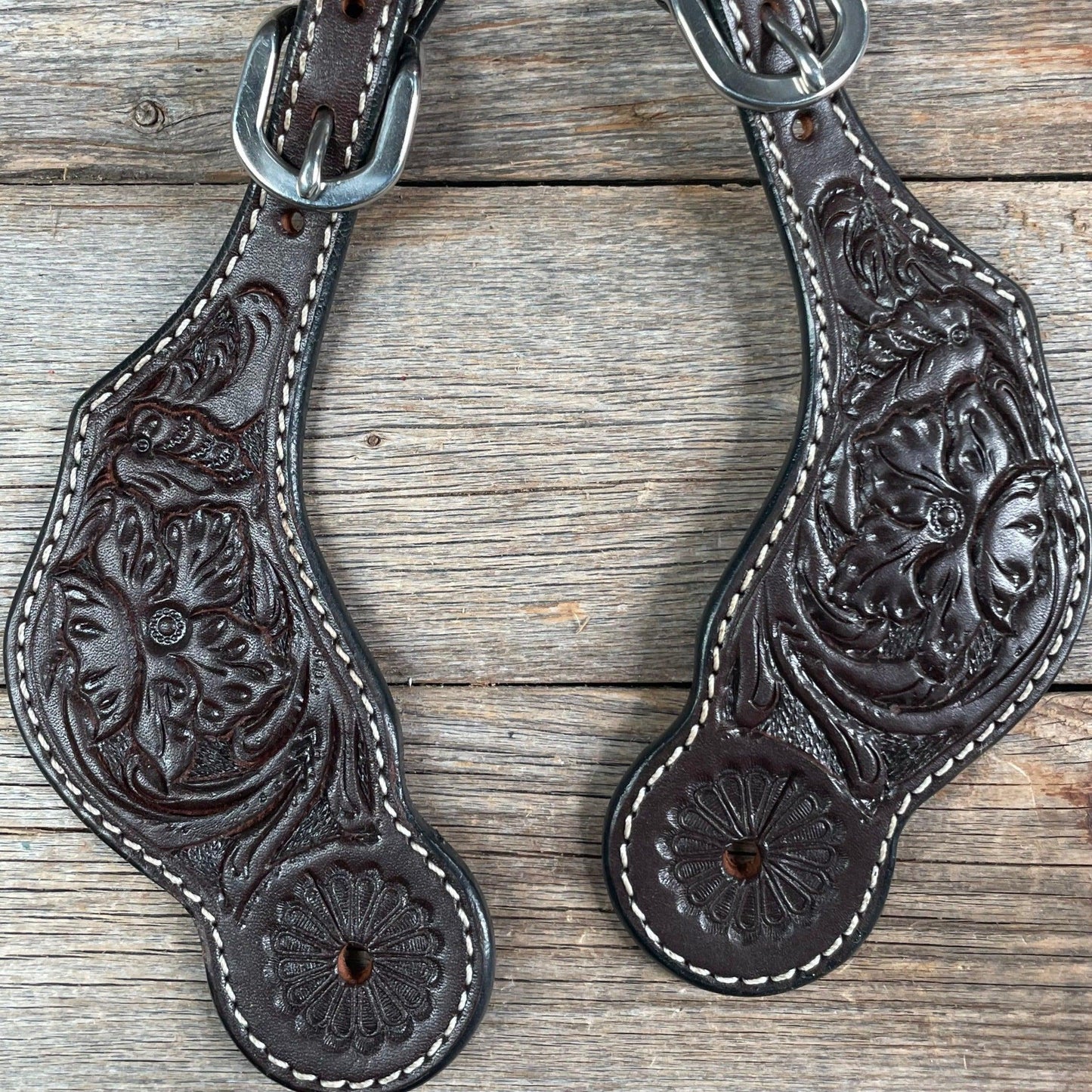 Dark Oil Floral Tooled Spur Straps - RODEO DRIVE