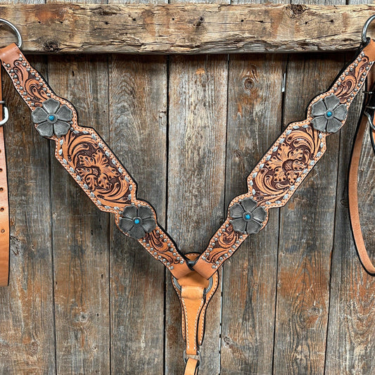 Silver Buckstitch and Flower One Ear / Breastcollar #OEBC537 - RODEO DRIVE