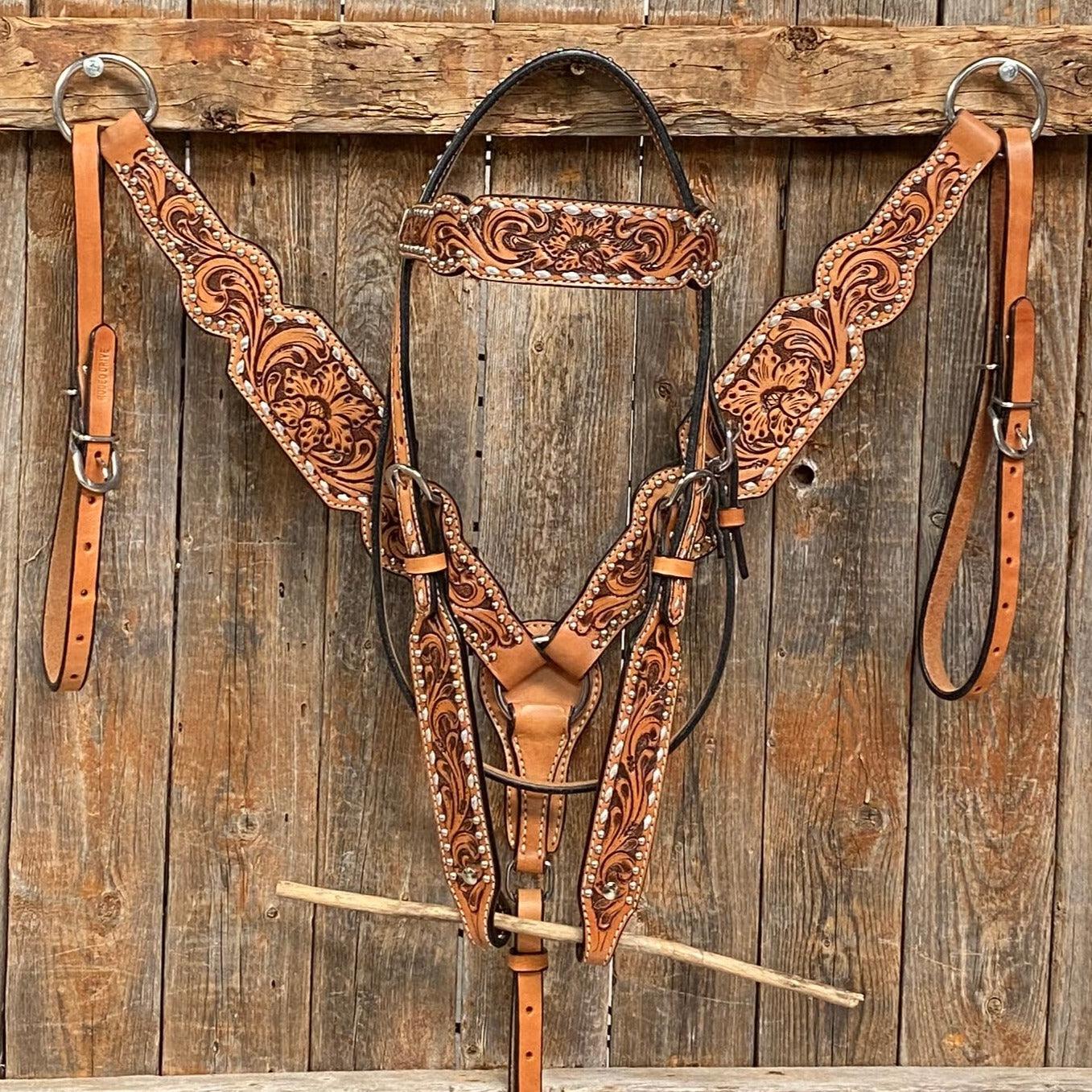 Light Oil Floral Tooled Silver Buckstitching & Dots Tack Sets - RODEO DRIVE