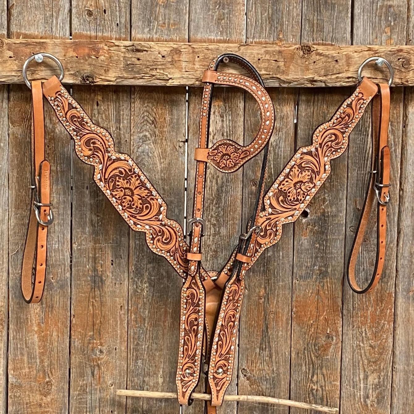 Light Oil Floral Tooled Silver Buckstitching & Dots Tack Sets - RODEO DRIVE