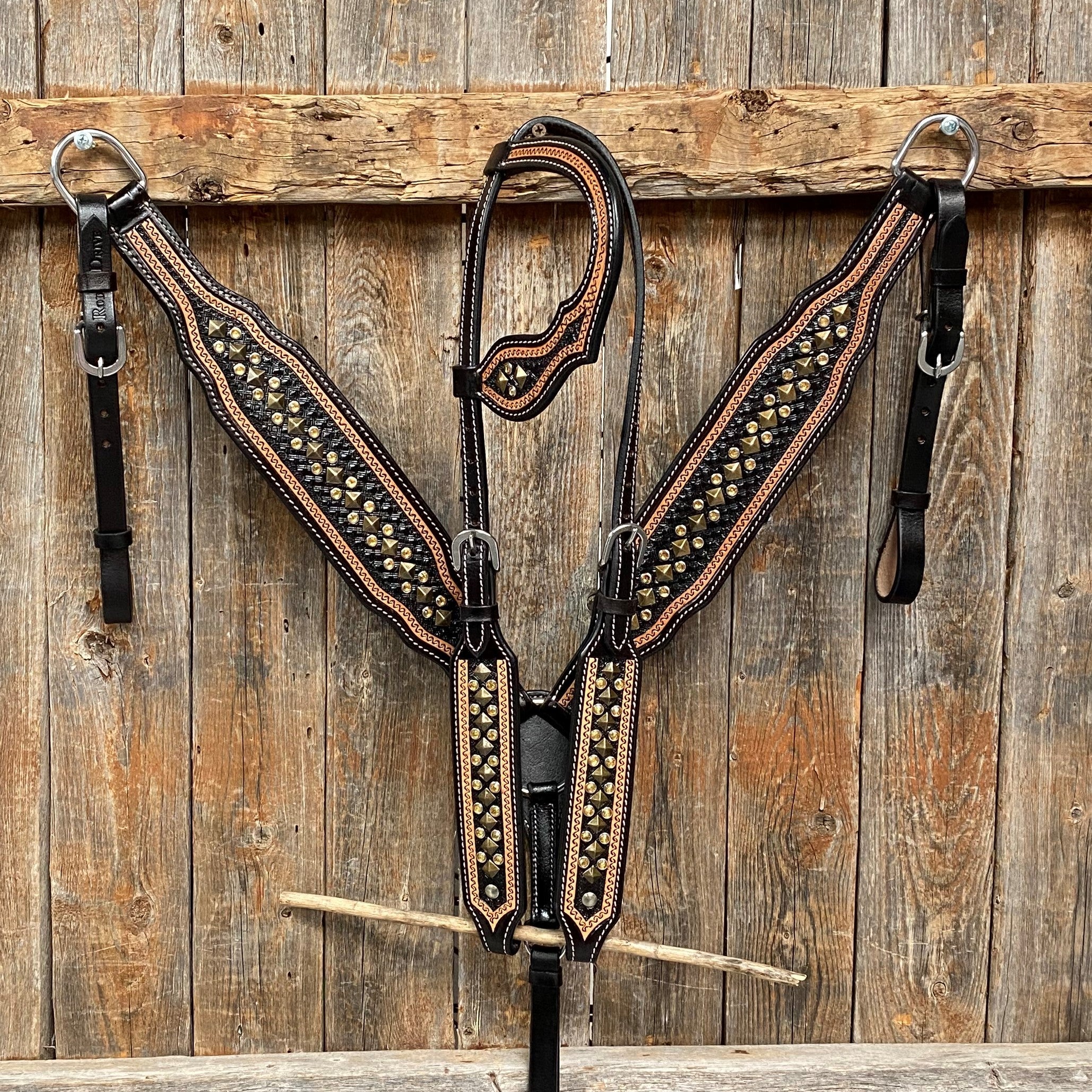 Two Tone Leather - Brass Studded Headstall/Breastcollar Set - RODEO DRIVE