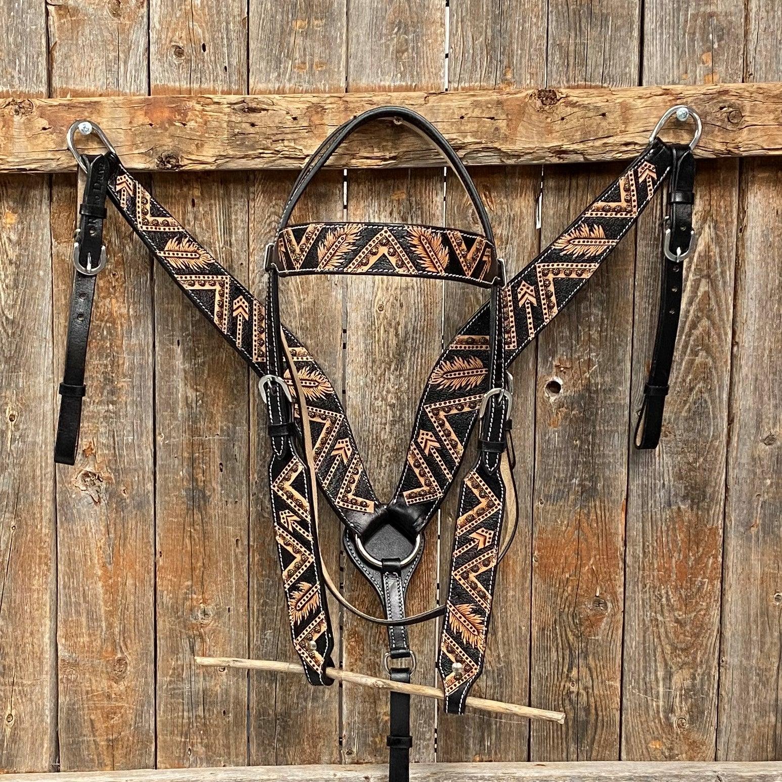 Two Tone Feather & Arrow Studded Headstall/Breastcollar Set - RODEO DRIVE