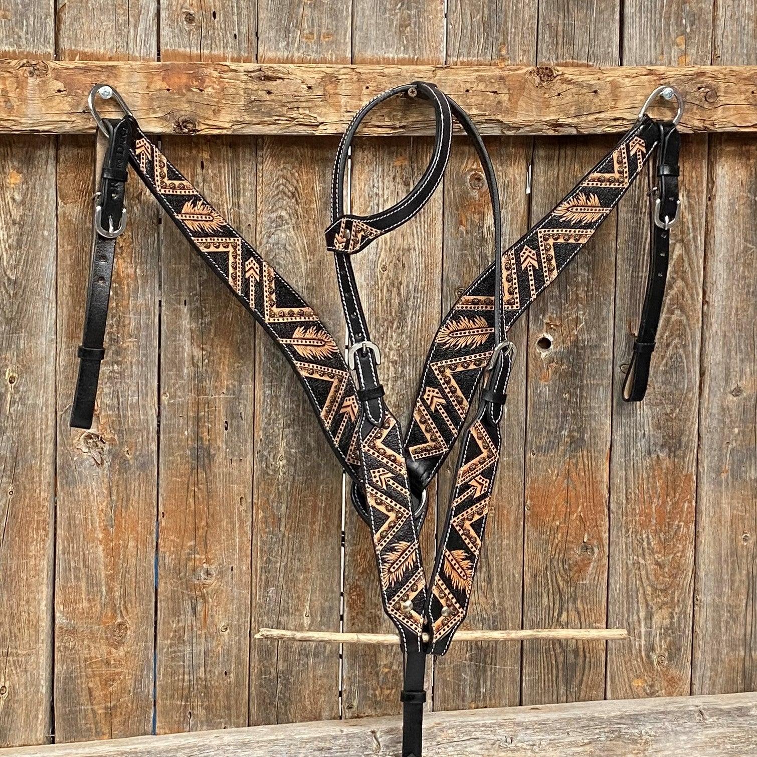 Two Tone Feather & Arrow Studded Headstall/Breastcollar Set - RODEO DRIVE