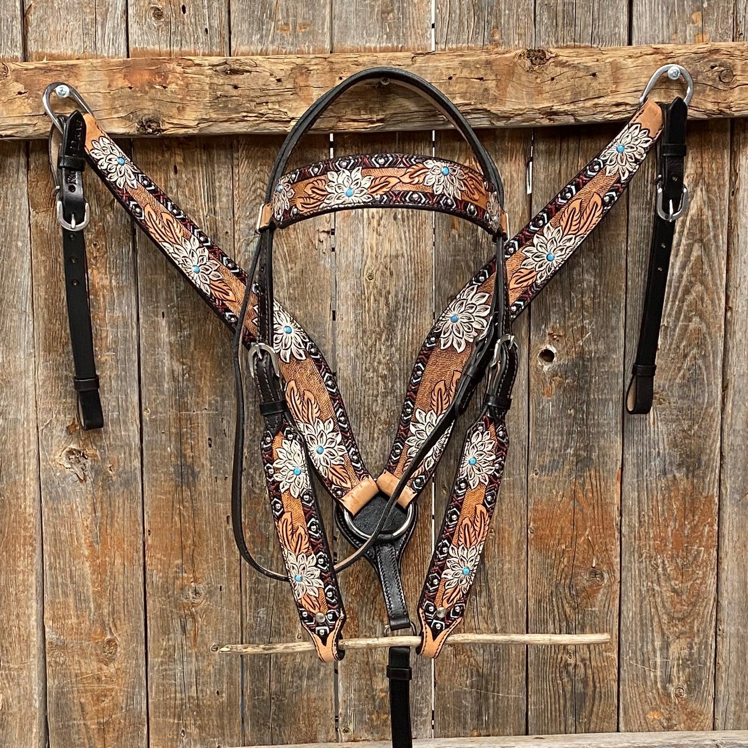 Two Tone Hand Painted Flower Headstall/Breastcollar Set - RODEO DRIVE