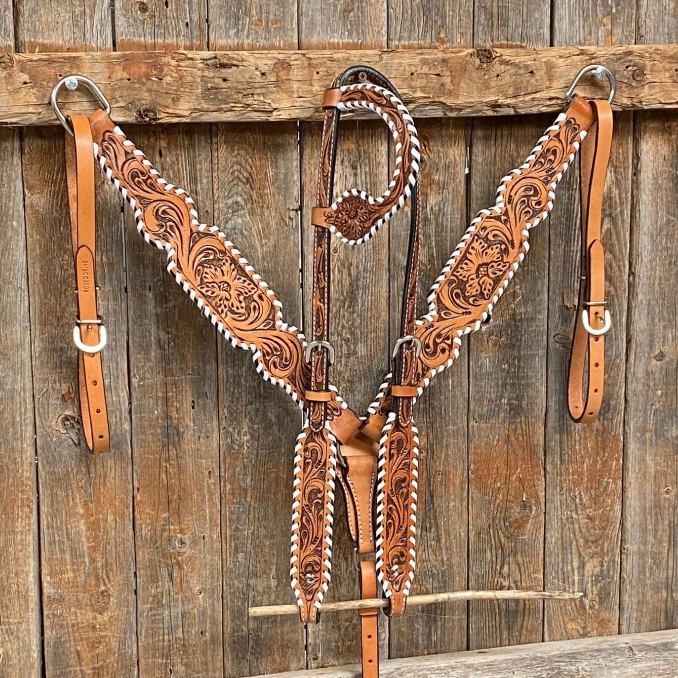 Light Oil Floral Tooled - White Whipstitch Tack Sets - RODEO DRIVE