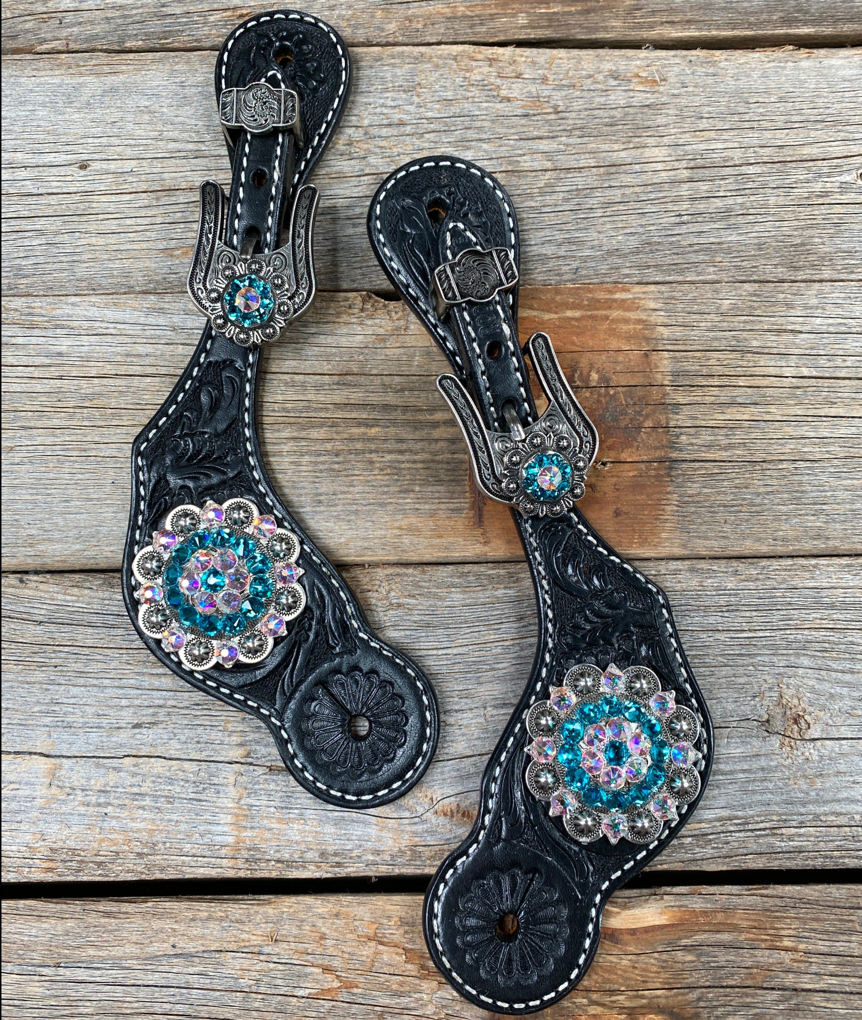 Black Floral Spur Straps - Antique Silver Crystal Conchos #SS112 - RODEO DRIVE
