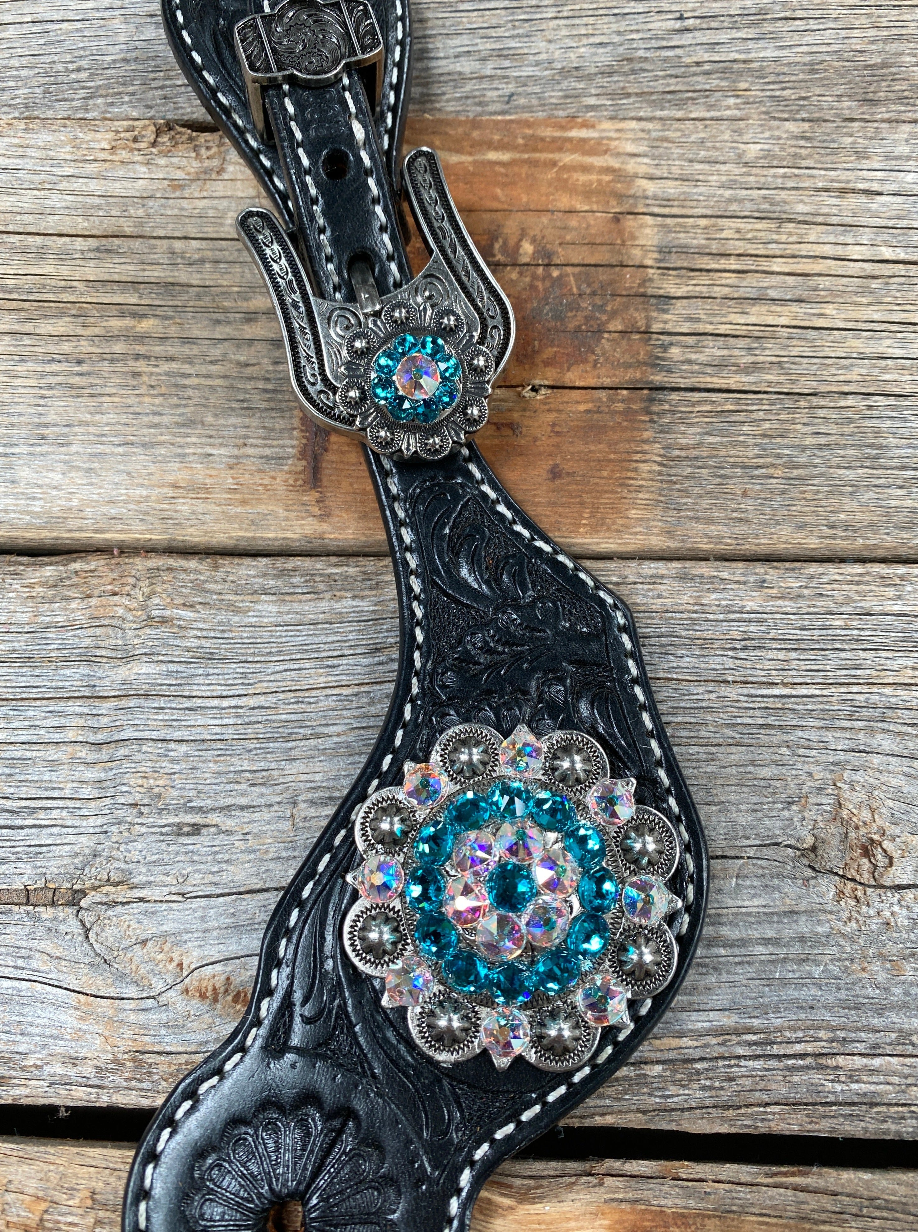 Black Floral Spur Straps - Antique Silver Crystal Conchos #SS112 - RODEO DRIVE