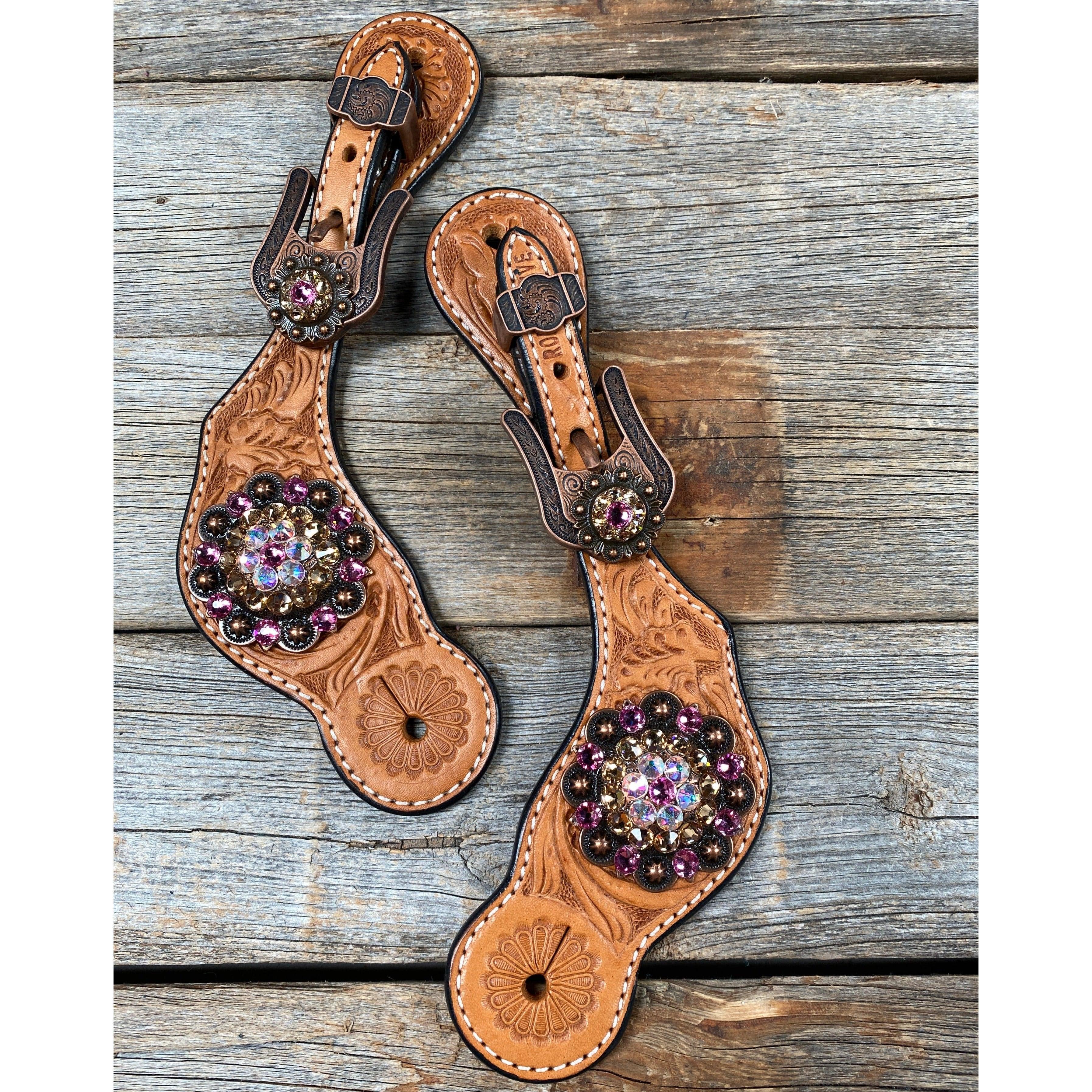 Light Floral Spur Straps - Copper Crystal Conchos #SS109 - RODEO DRIVE