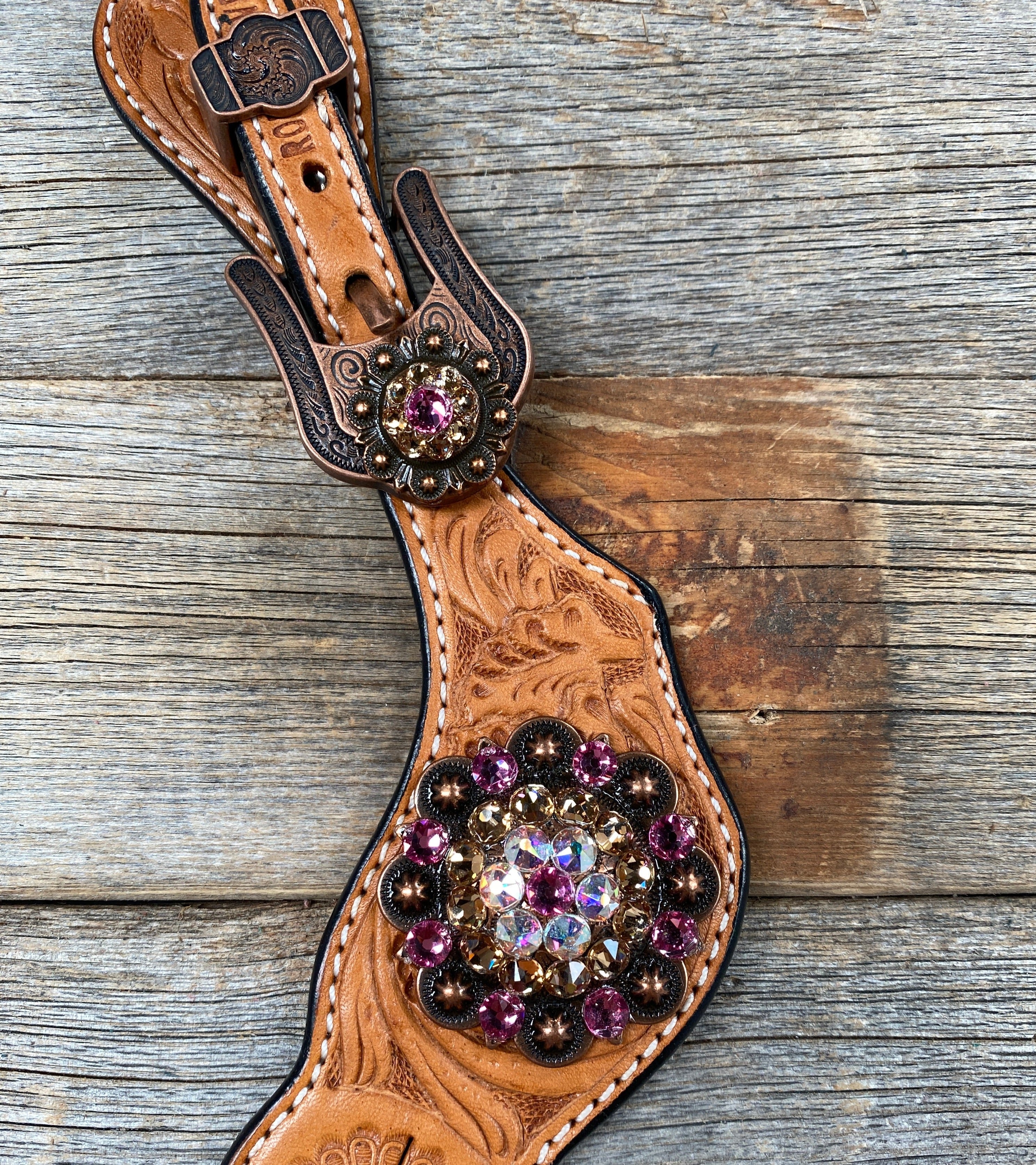 Light Floral Spur Straps - Copper Crystal Conchos #SS109 - RODEO DRIVE