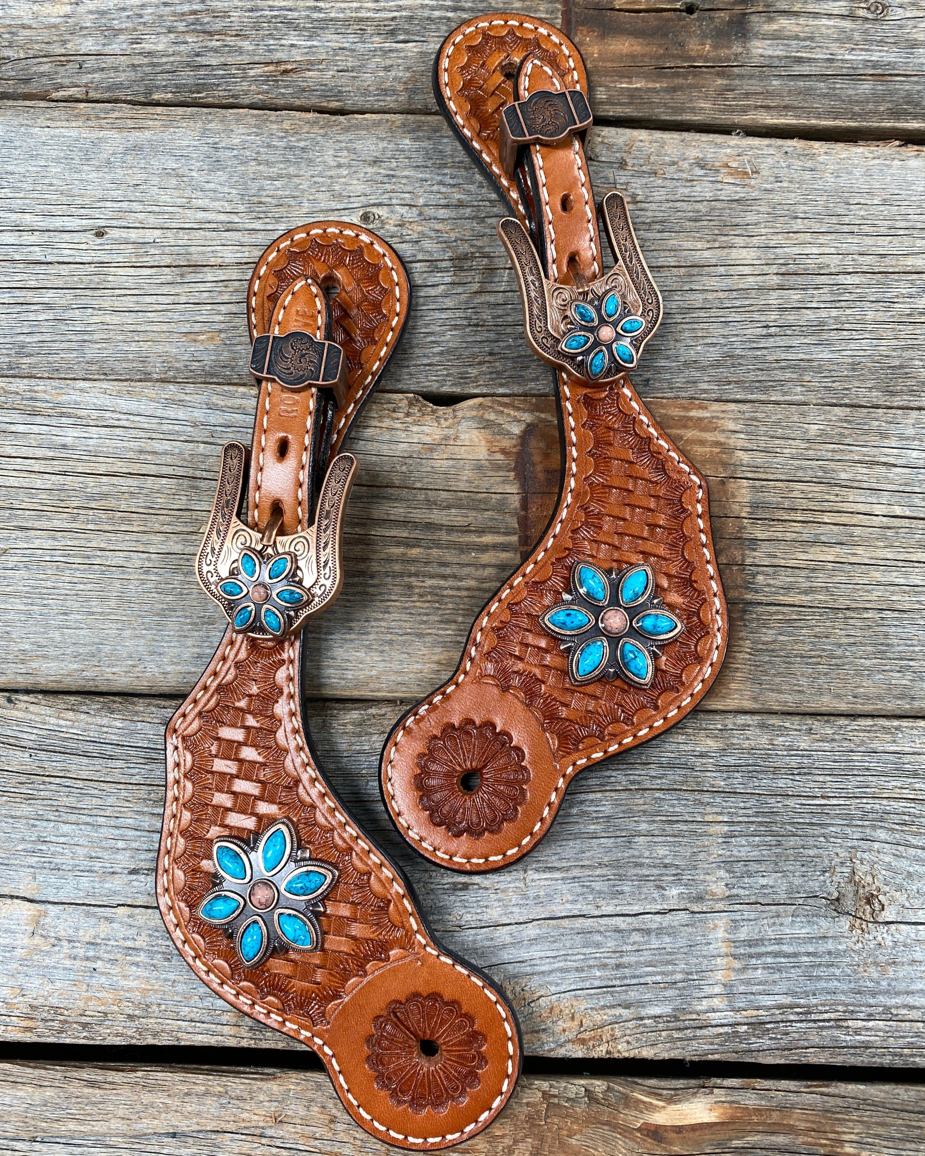 Light Oil Basketweave Spur Straps - Copper Floral Conchos #SS101 - RODEO DRIVE