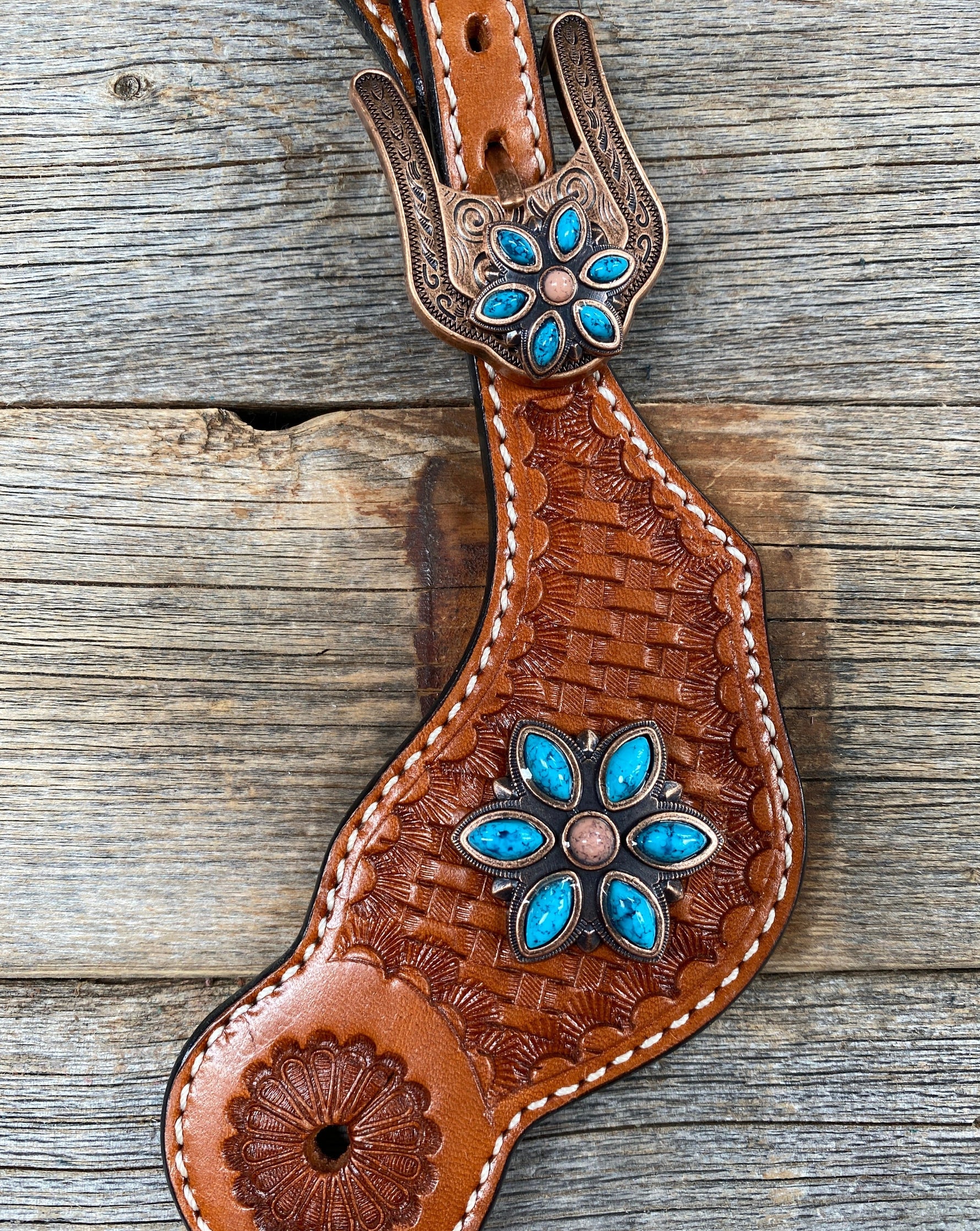 Light Oil Basketweave Spur Straps - Copper Floral Conchos #SS101 - RODEO DRIVE