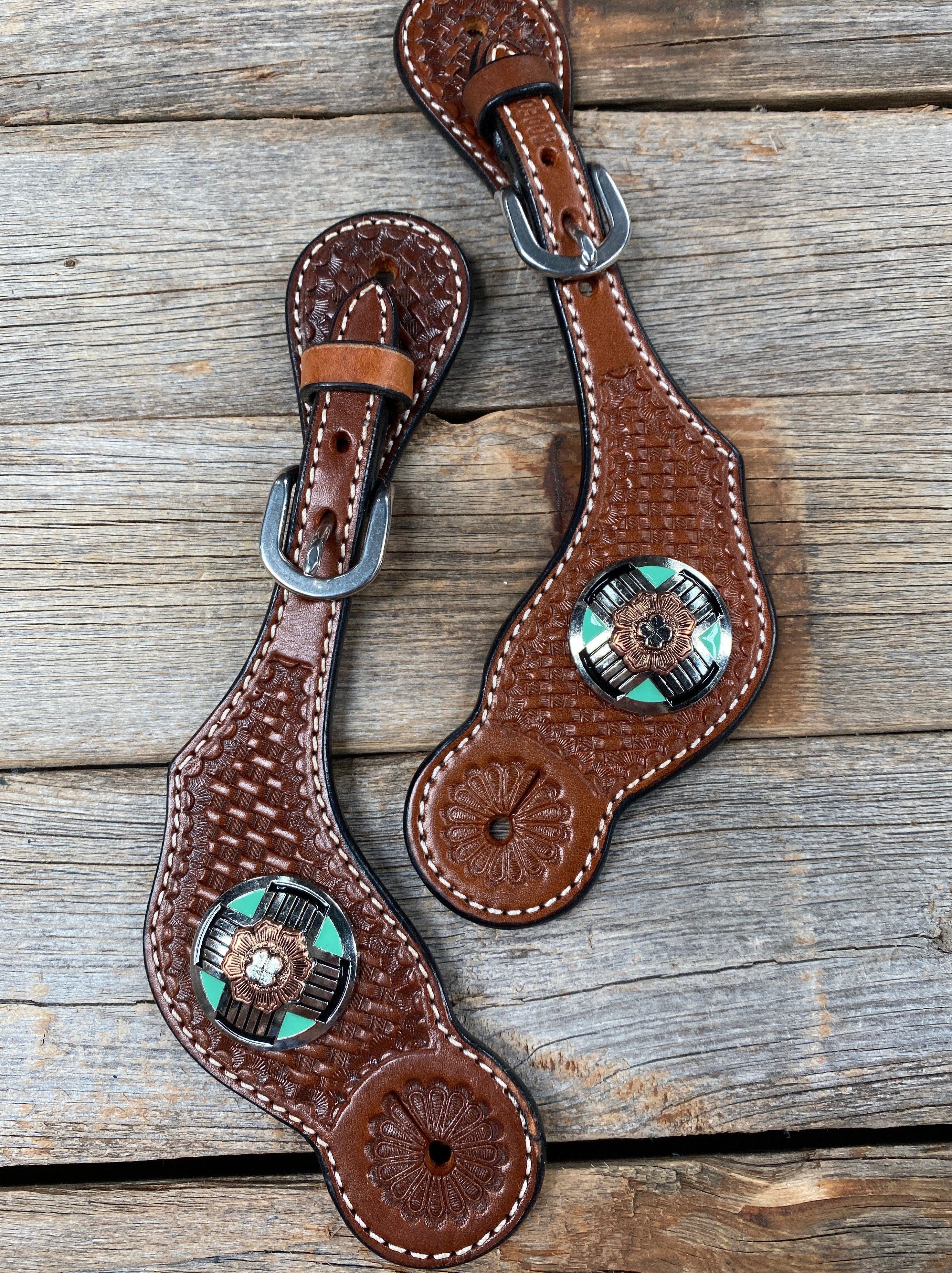 Medium Oil Basketweave Spur Straps - Antique Silver Western Conchos #SS102 - RODEO DRIVE