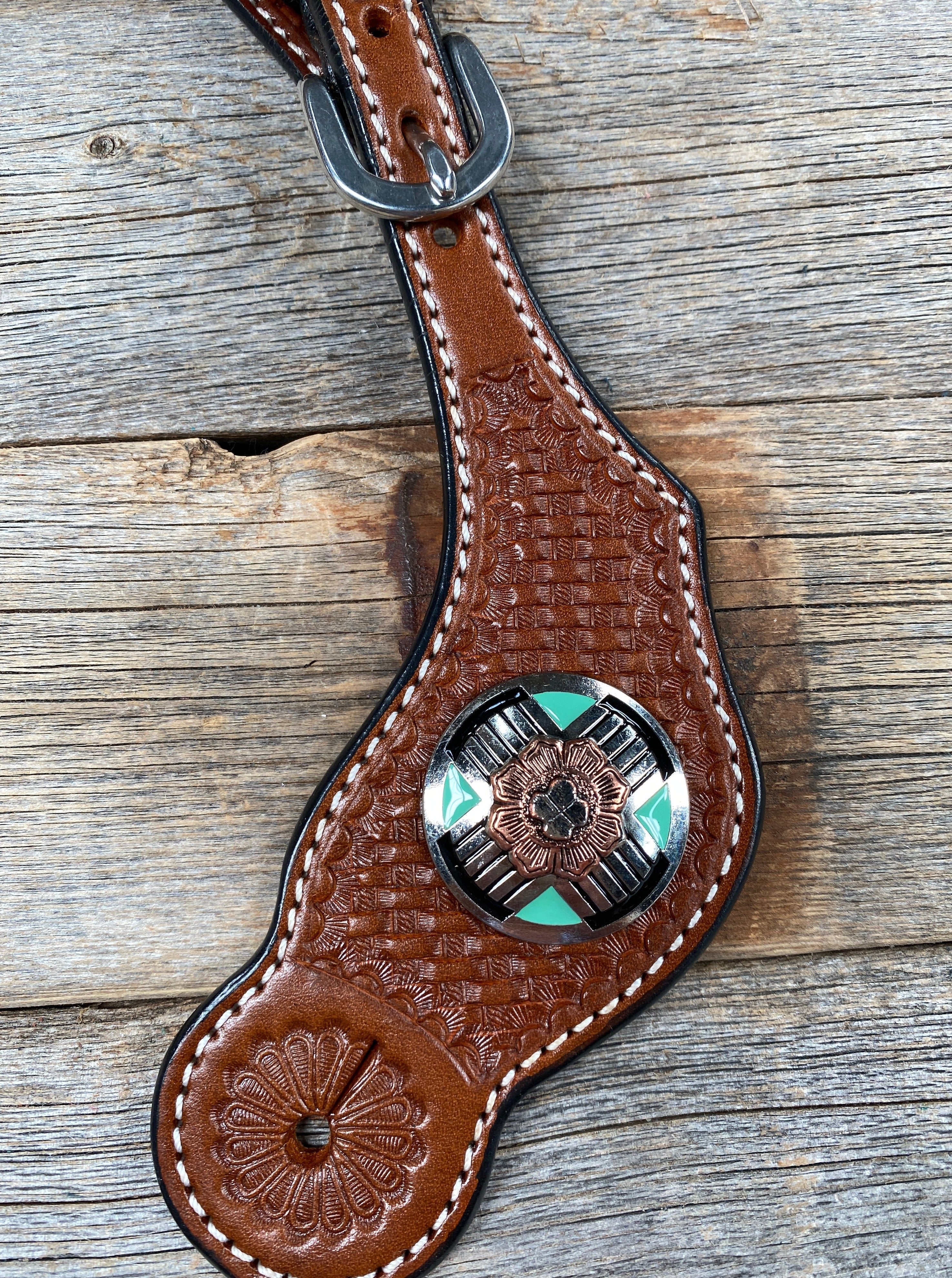 Medium Oil Basketweave Spur Straps - Antique Silver Western Conchos #SS102 - RODEO DRIVE