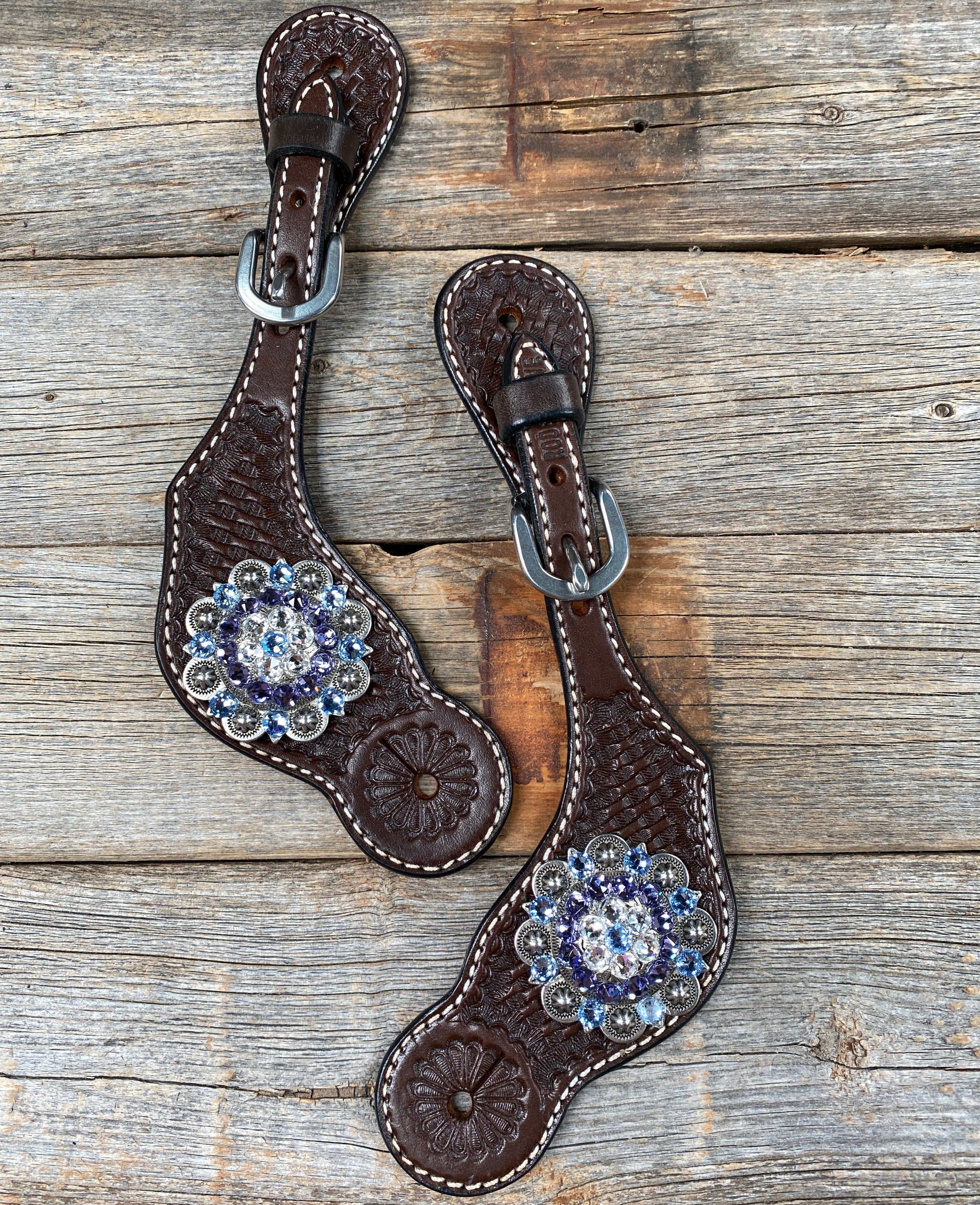 Dark Oil Basketweave Spur Straps - Antique Silver Crystal Conchos #SS103 - RODEO DRIVE