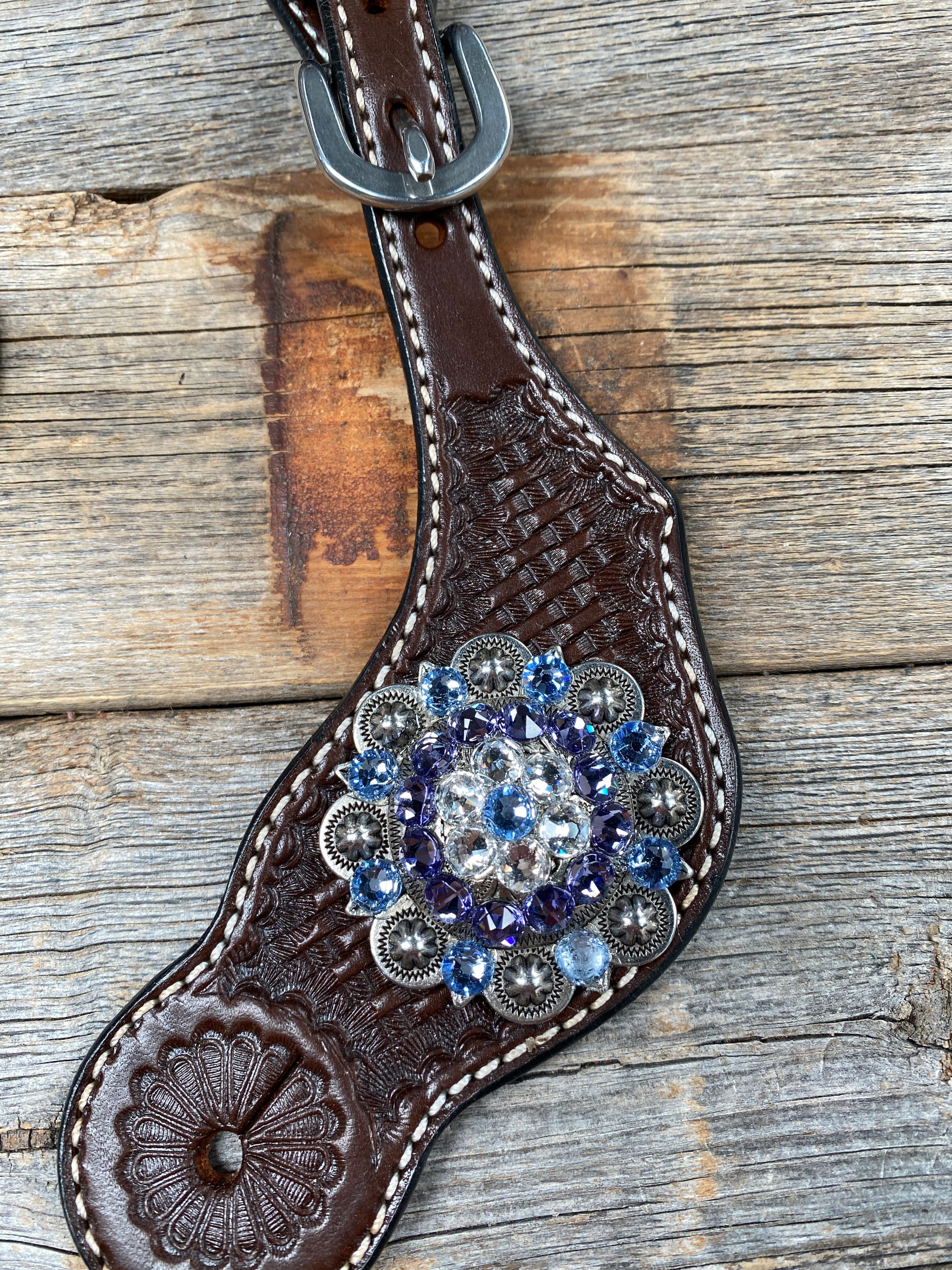 Dark Oil Basketweave Spur Straps - Antique Silver Crystal Conchos #SS103 - RODEO DRIVE
