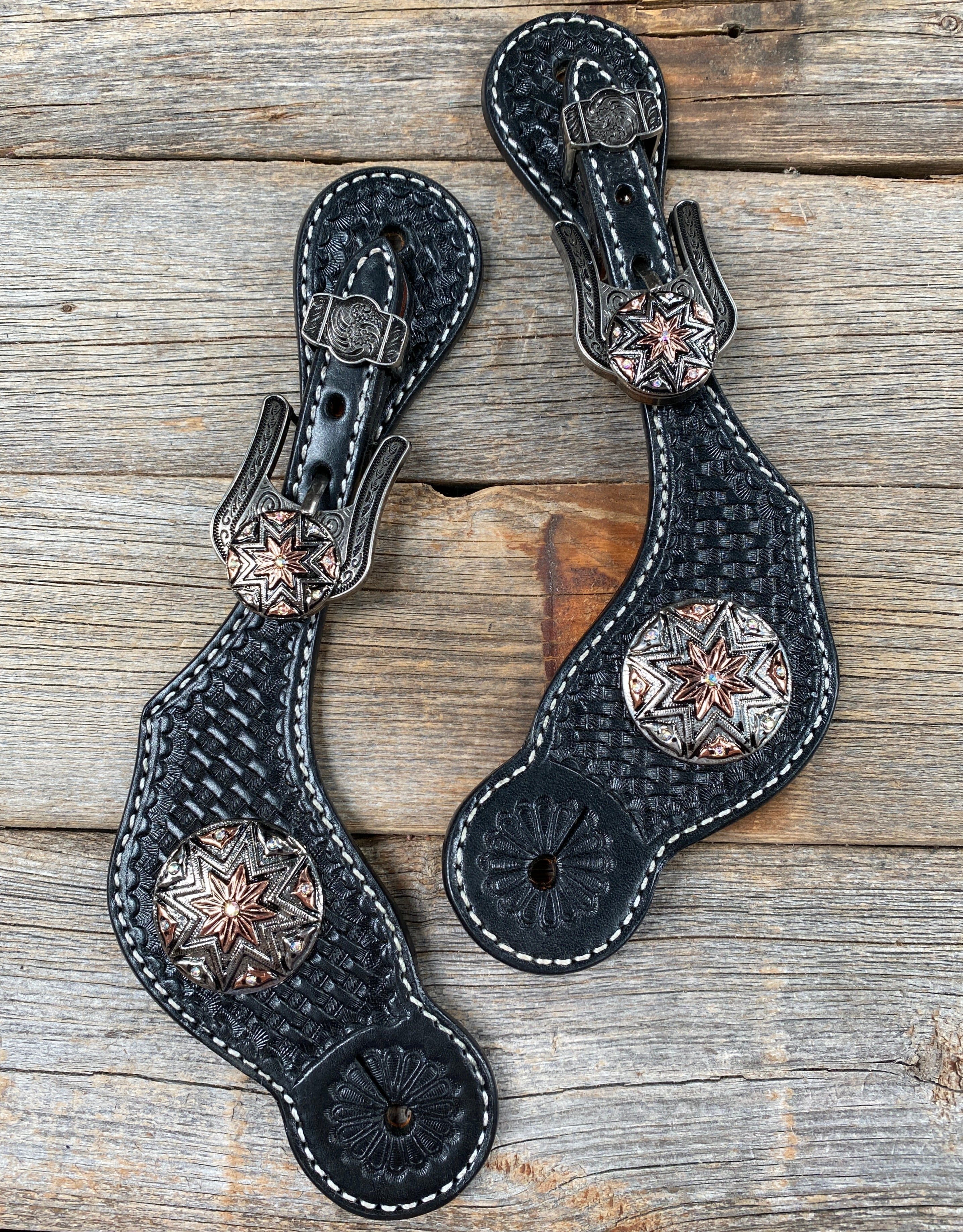 Black Basketweave Spur Straps - Antique Silver Starburst Conchos #SS108 - RODEO DRIVE