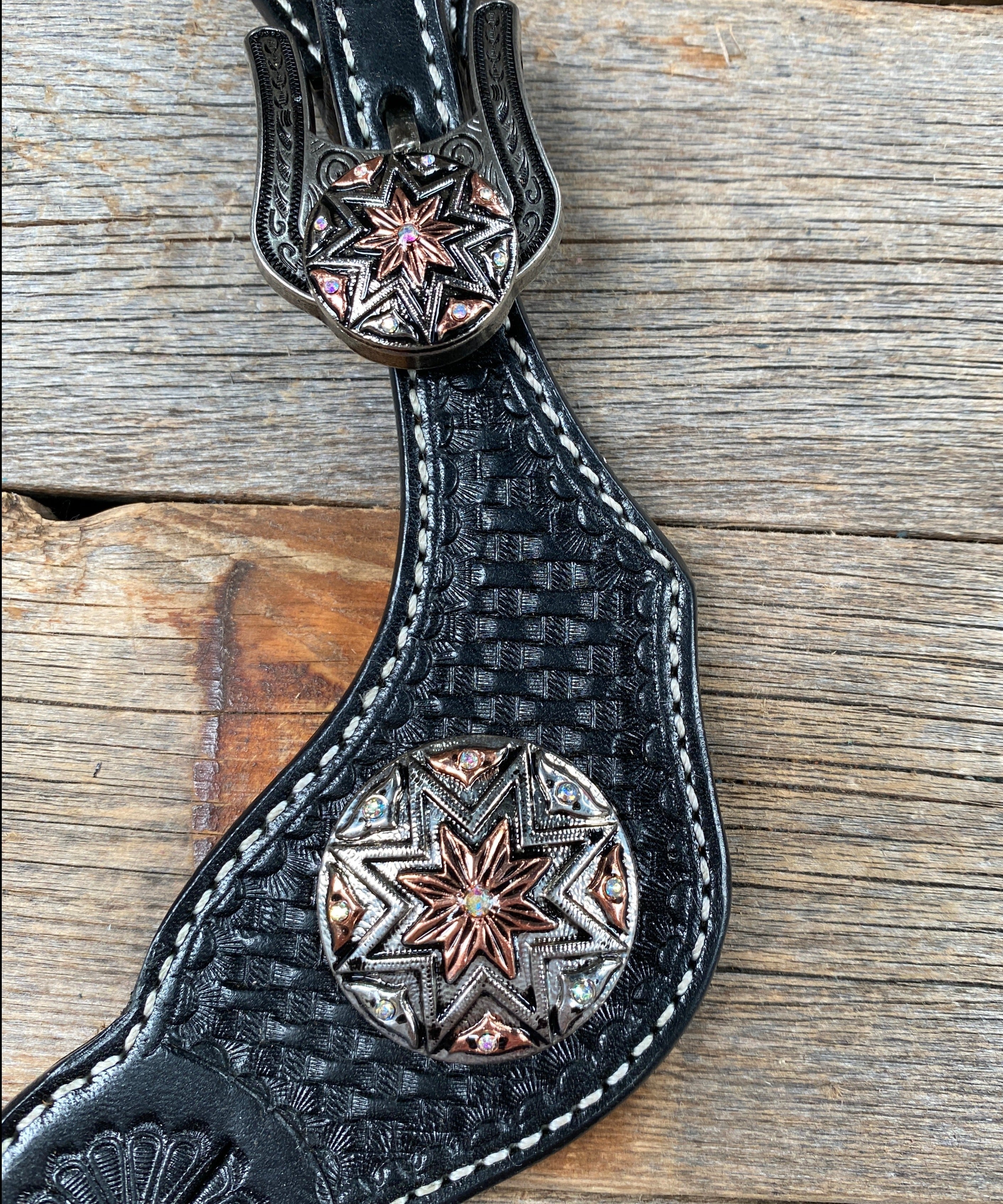 Black Basketweave Spur Straps - Antique Silver Starburst Conchos #SS108 - RODEO DRIVE