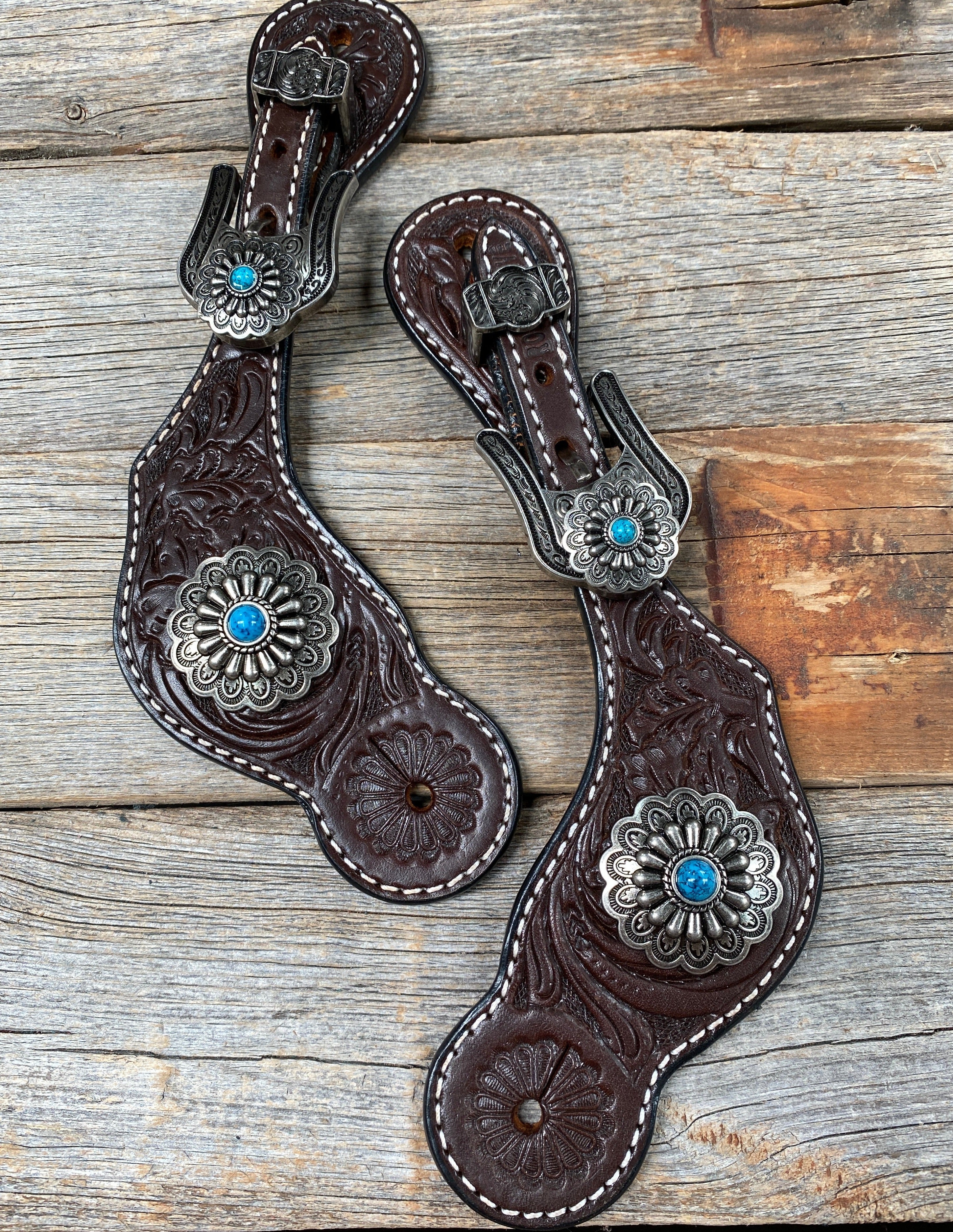 Dark Floral Spur Straps - Antique Silver Western Conchos #SS111 - RODEO DRIVE