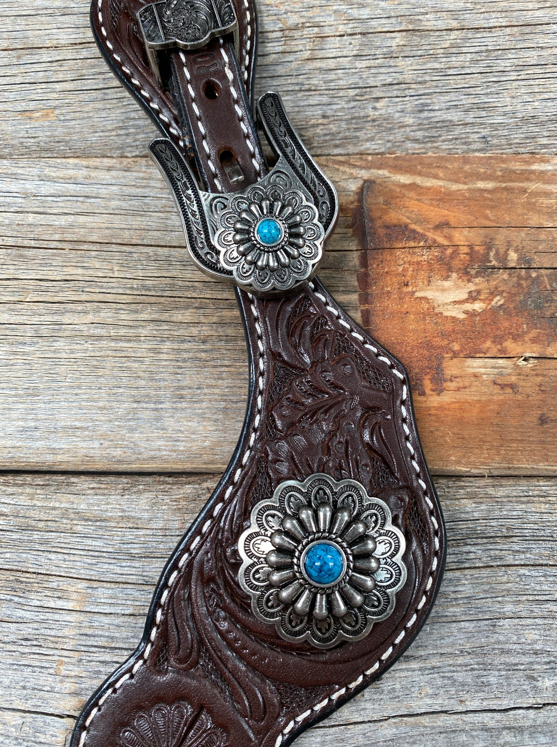 Dark Floral Spur Straps - Antique Silver Western Conchos #SS111 - RODEO DRIVE