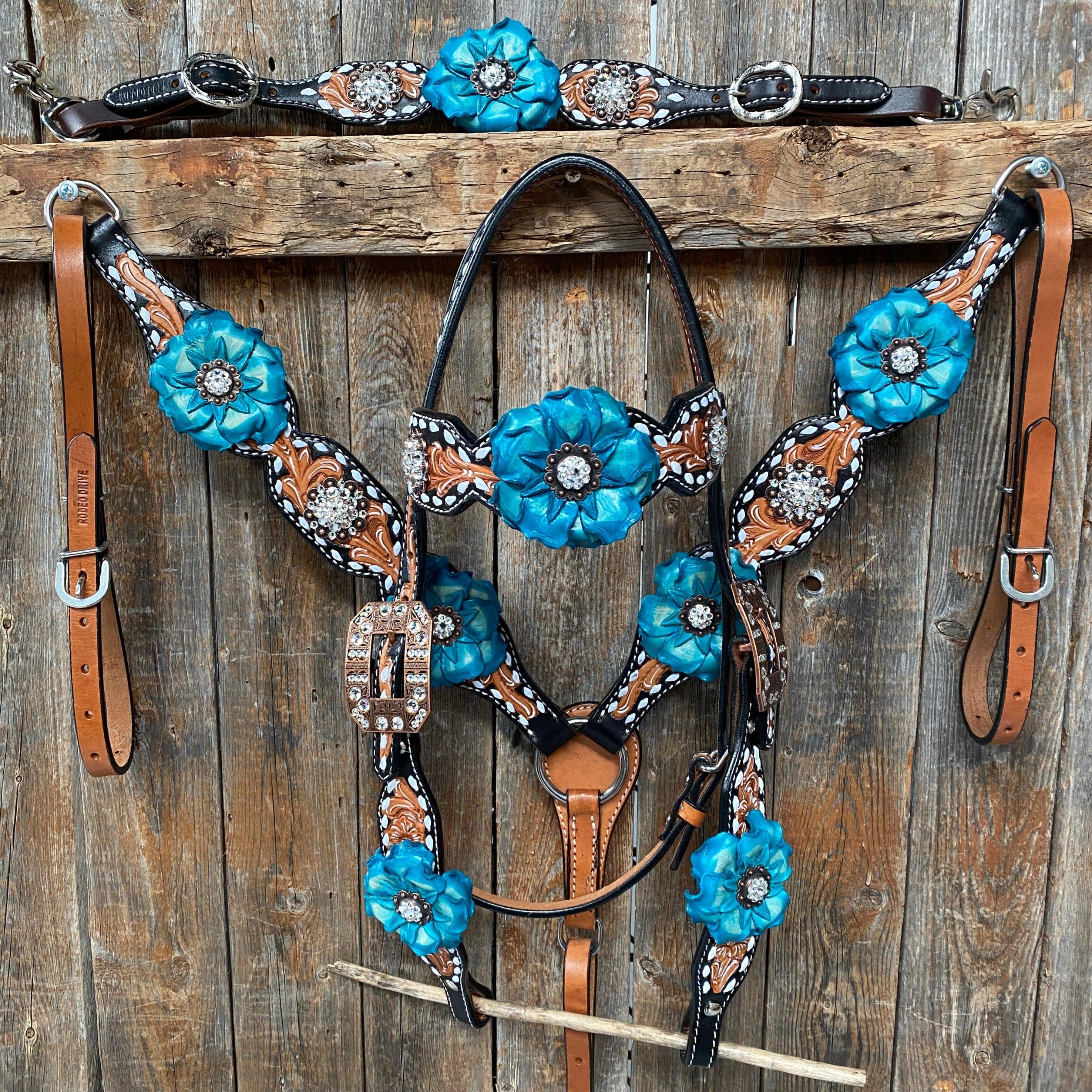 Classic Turquoise and Clear Browband/One Ear Tack Set / Witherstrap #BBBC447 - RODEO DRIVE