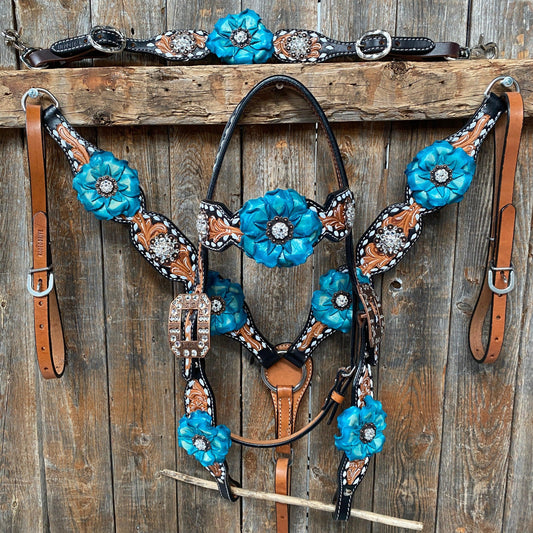 Classic Turquoise and Clear Browband/One Ear Tack Set / Witherstrap #BBBC447 - RODEO DRIVE