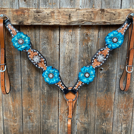 Classic Turquoise and Clear Browband/One Ear Tack Set / Witherstrap #BBBC447 - RODEO DRIVE