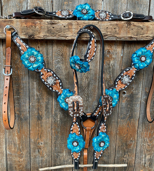 Classic Turquoise and Clear Browband/One Ear Tack Set / Witherstrap #BBBC447 - RODEO DRIVE