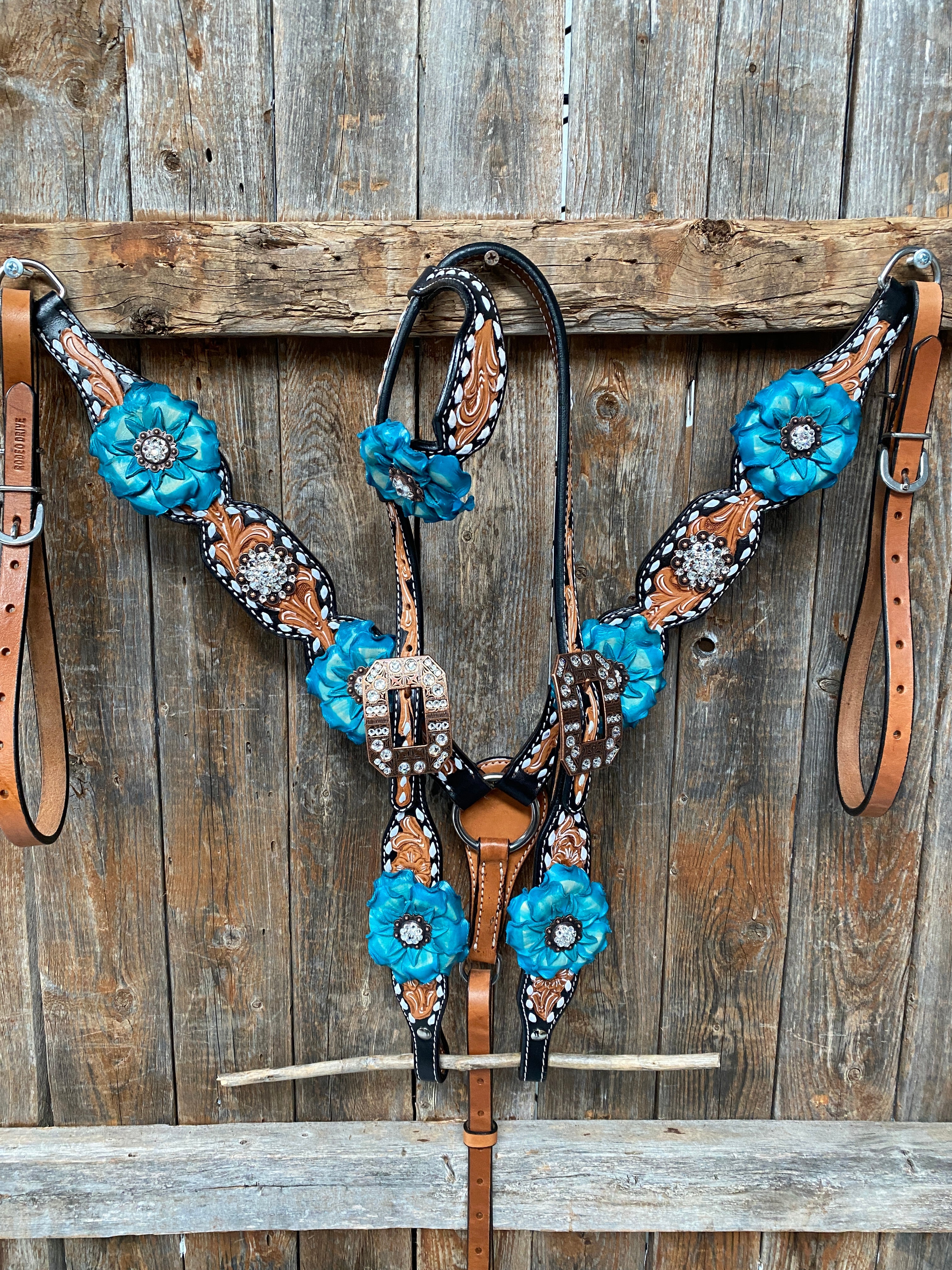 Classic Turquoise and Clear Browband/One Ear Tack Set / Witherstrap #BBBC447 - RODEO DRIVE