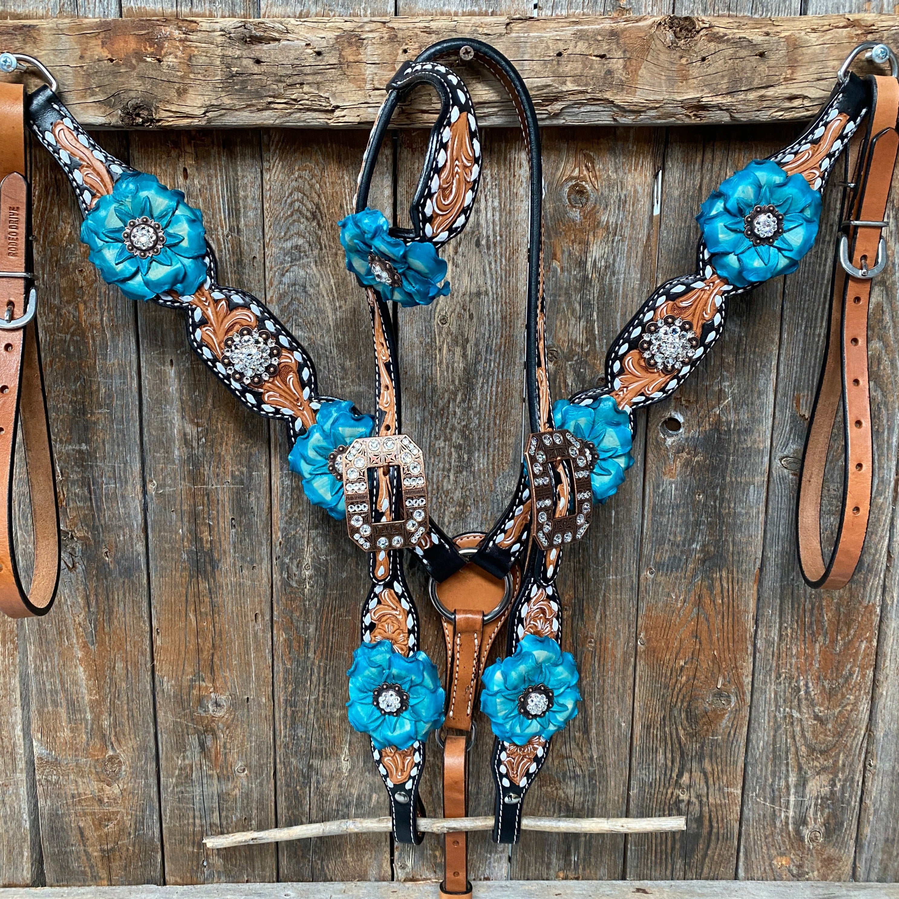 Classic Turquoise and Clear Browband/One Ear Tack Set / Witherstrap #BBBC447 - RODEO DRIVE