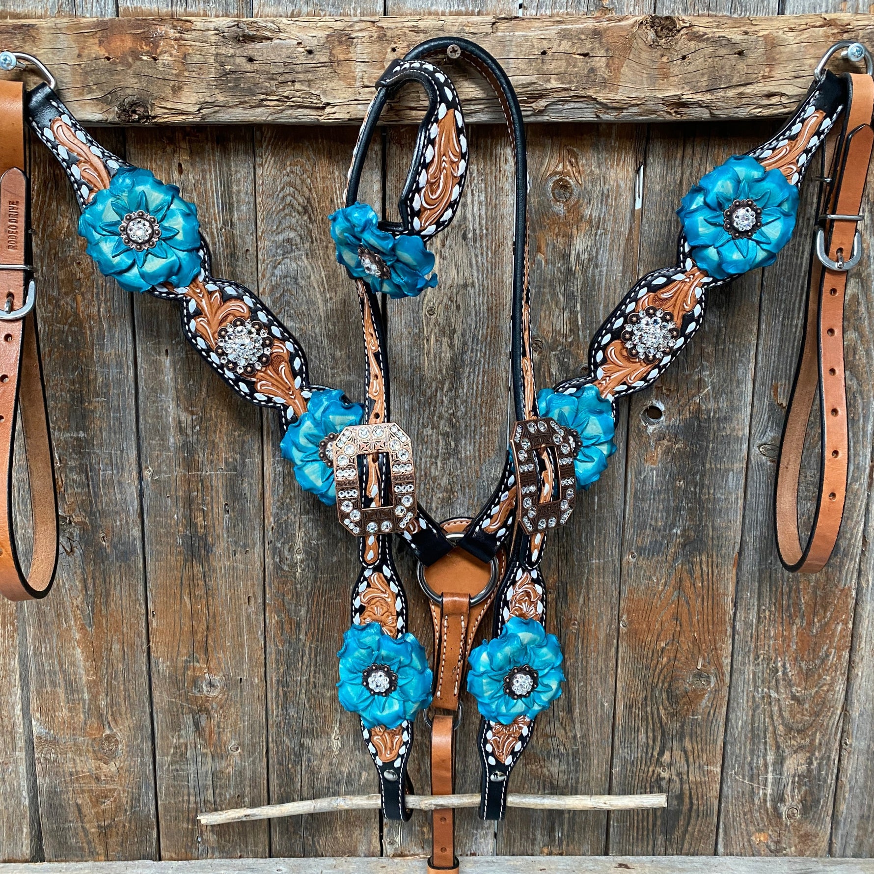 Classic Turquoise and Clear Browband/One Ear Tack Set / Witherstrap #BBBC447 - RODEO DRIVE