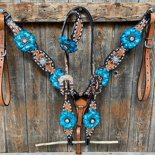 Classic Turquoise and Clear Browband/One Ear Tack Set / Witherstrap #BBBC447 - RODEO DRIVE