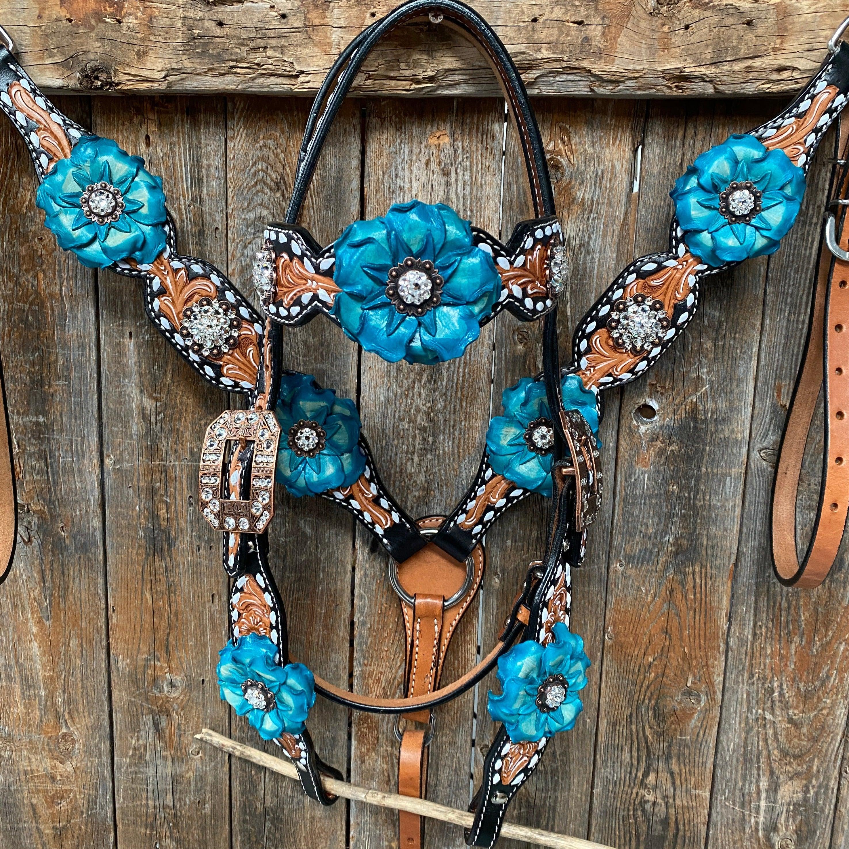 Classic Turquoise and Clear Browband/One Ear Tack Set / Witherstrap #BBBC447 - RODEO DRIVE