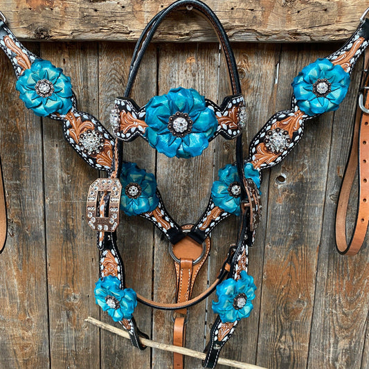 Classic Turquoise and Clear Browband/One Ear Tack Set / Witherstrap #BBBC447 - RODEO DRIVE