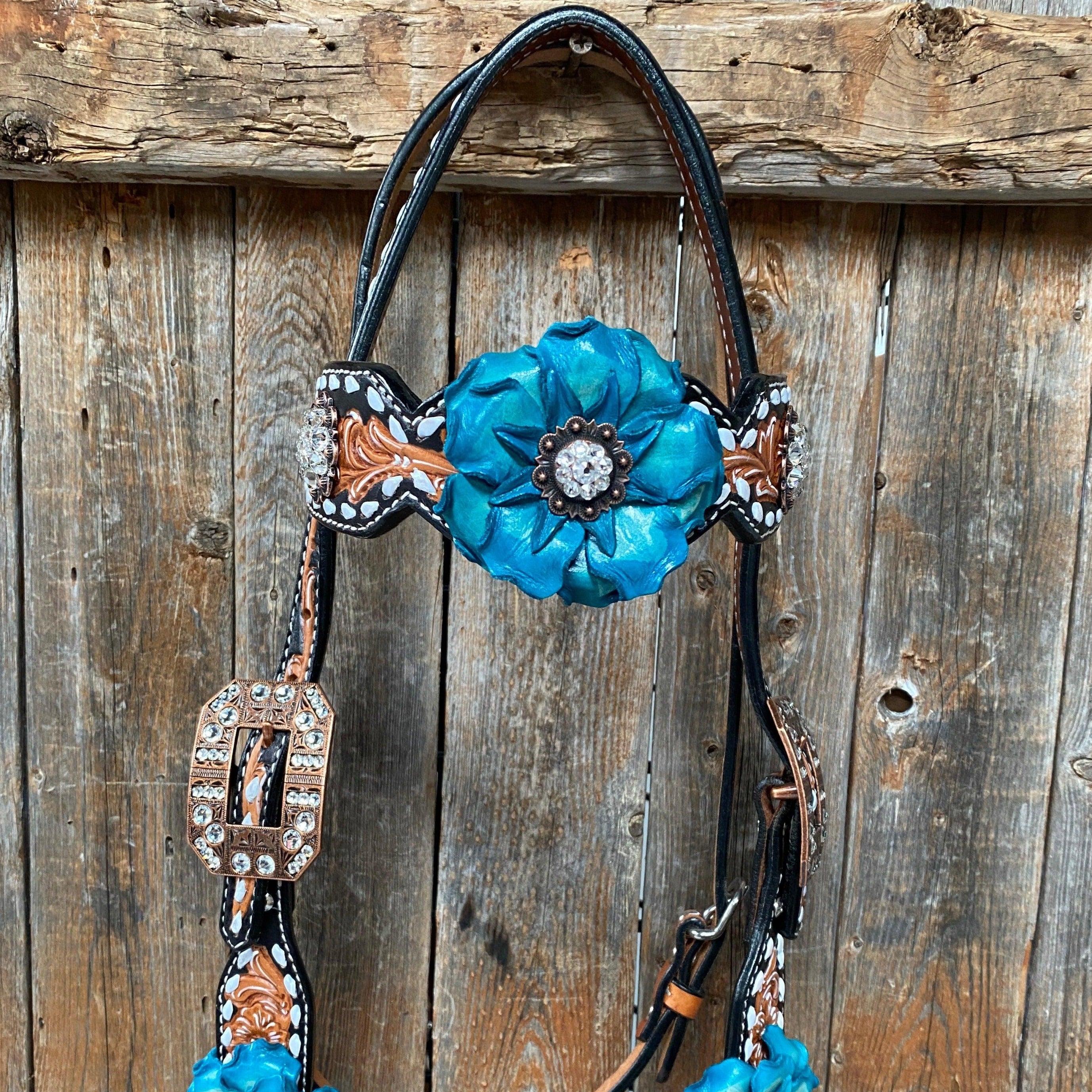 Classic Turquoise and Clear Browband/One Ear Tack Set / Witherstrap #BBBC447 - RODEO DRIVE