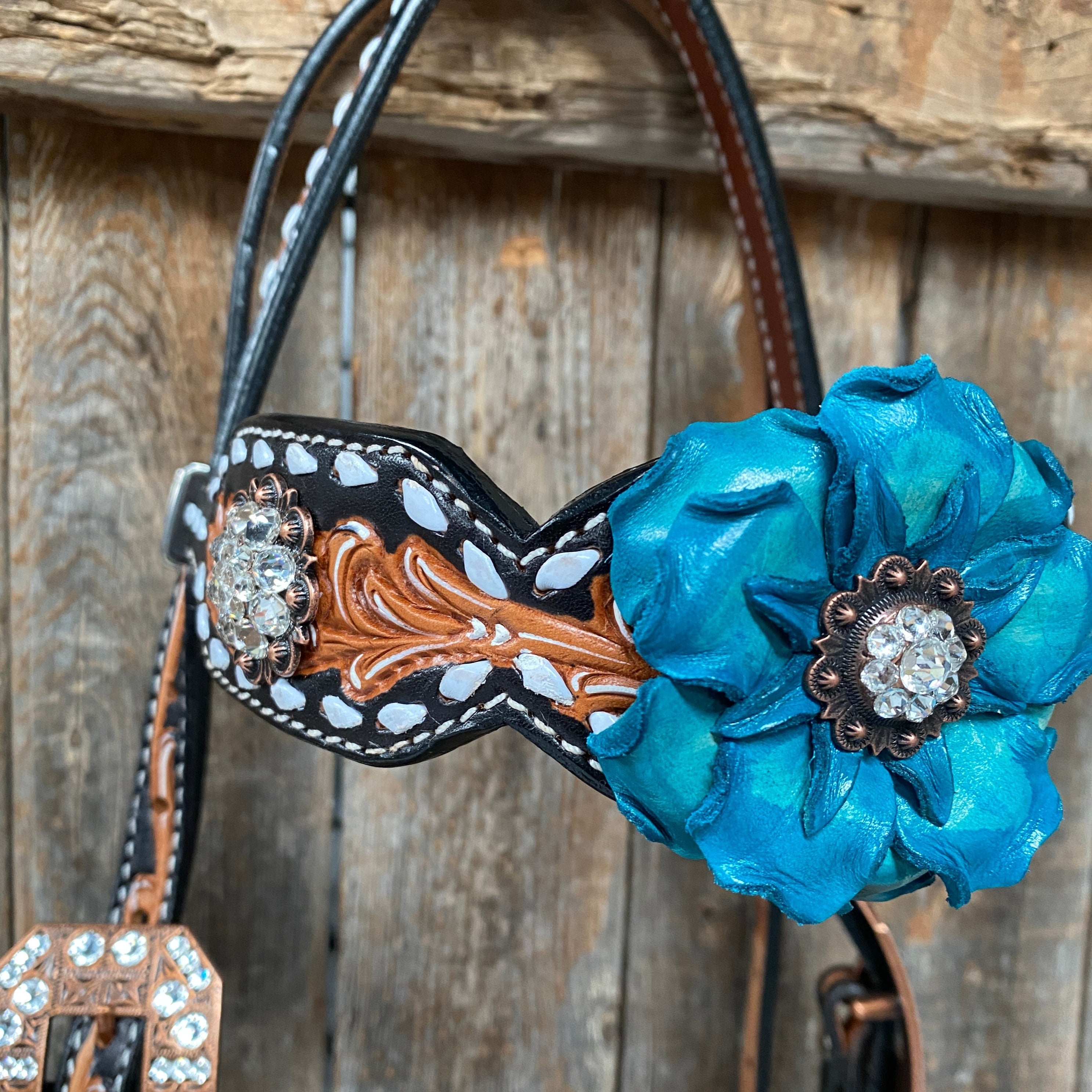 Classic Turquoise and Clear Browband/One Ear Tack Set / Witherstrap #BBBC447 - RODEO DRIVE