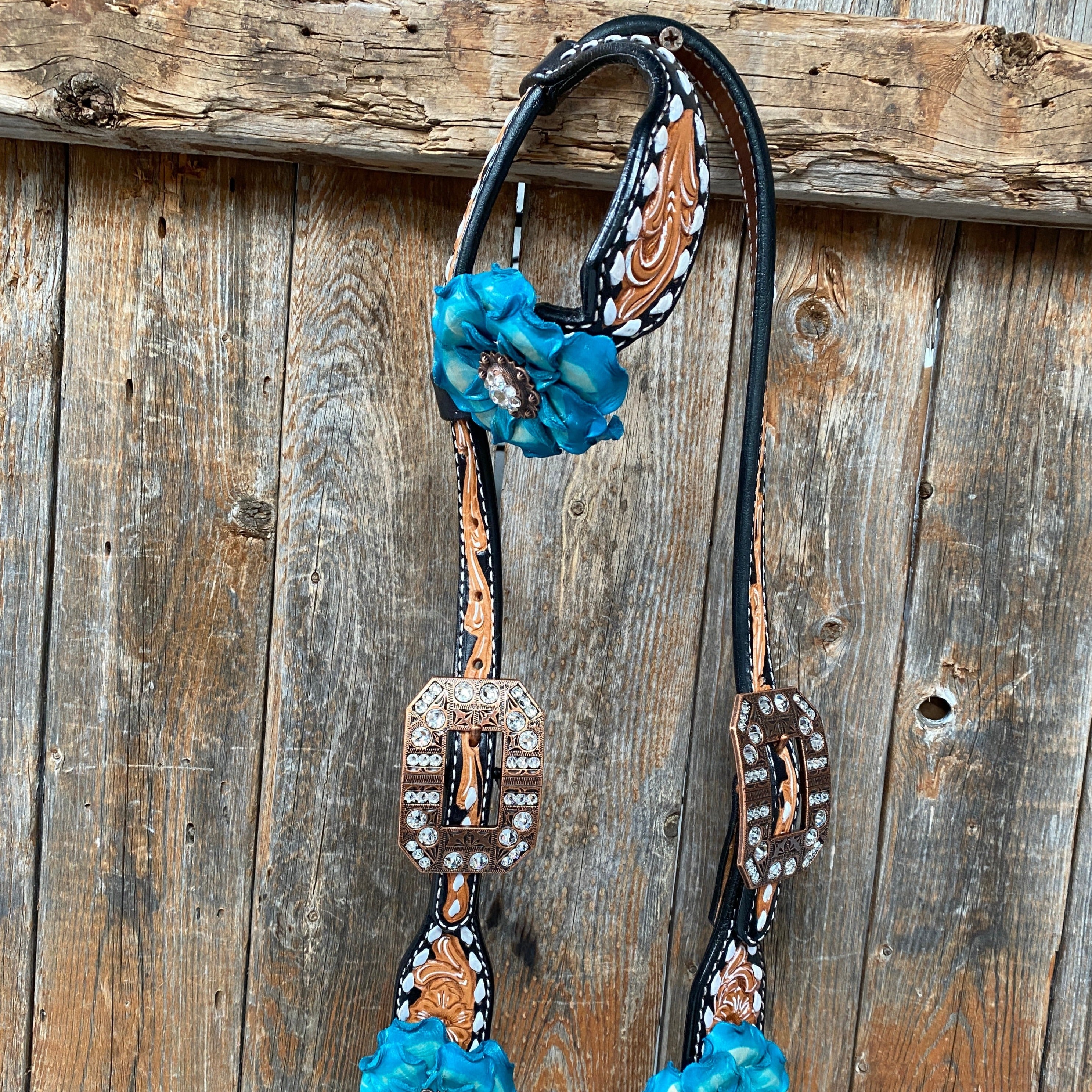 Classic Turquoise and Clear Browband/One Ear Tack Set / Witherstrap #BBBC447 - RODEO DRIVE