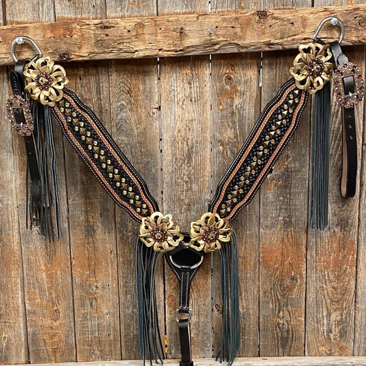 Two Tone Leather - Brass Studded Gold Browband / Breastcollar #BBBC538 - RODEO DRIVE