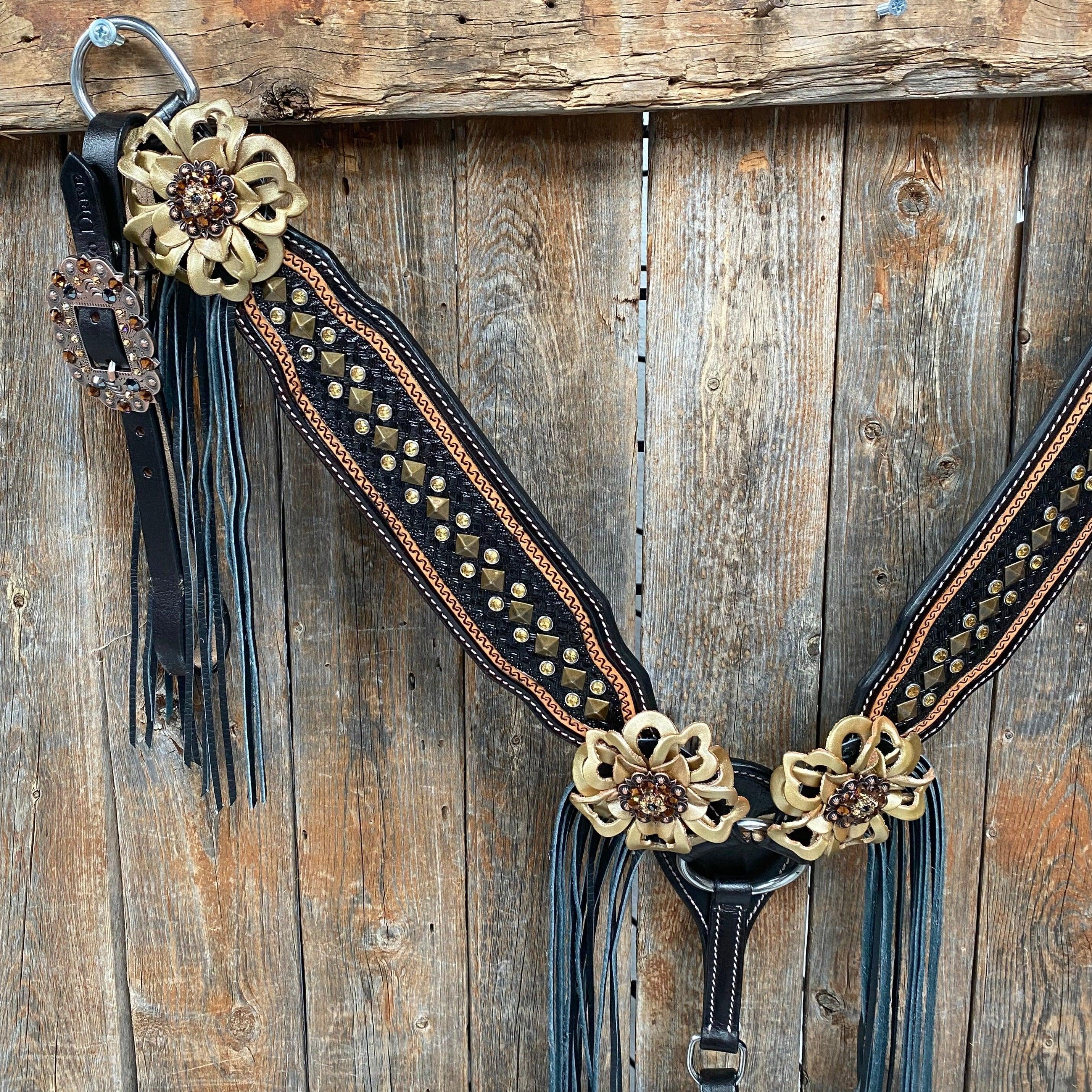 Two Tone Leather - Brass Studded Gold Browband / Breastcollar #BBBC538 - RODEO DRIVE