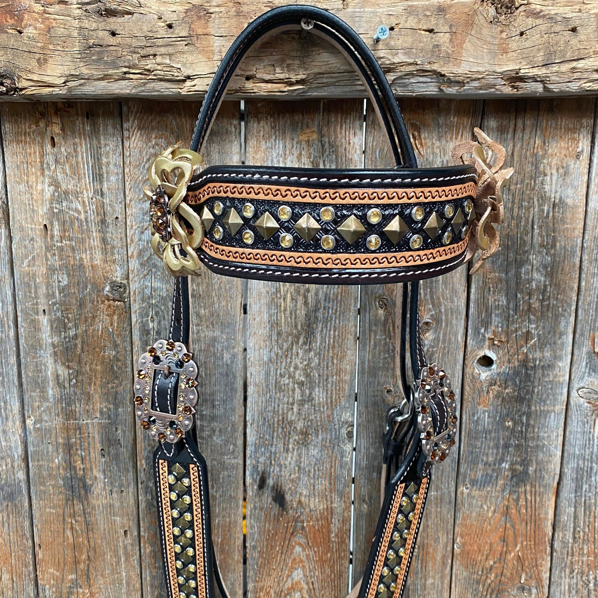 Two Tone Leather - Brass Studded Gold Browband / Breastcollar #BBBC538 - RODEO DRIVE
