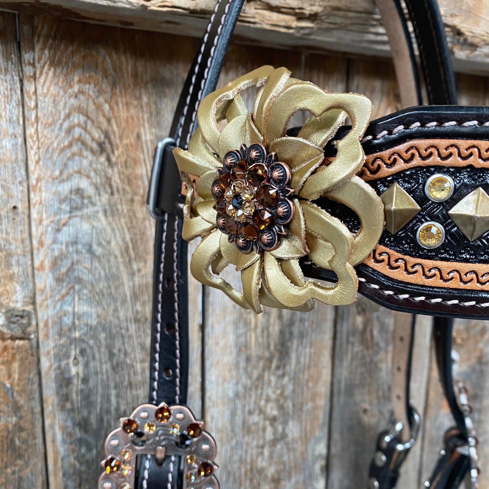 Two Tone Leather - Brass Studded Gold Browband / Breastcollar #BBBC538 - RODEO DRIVE