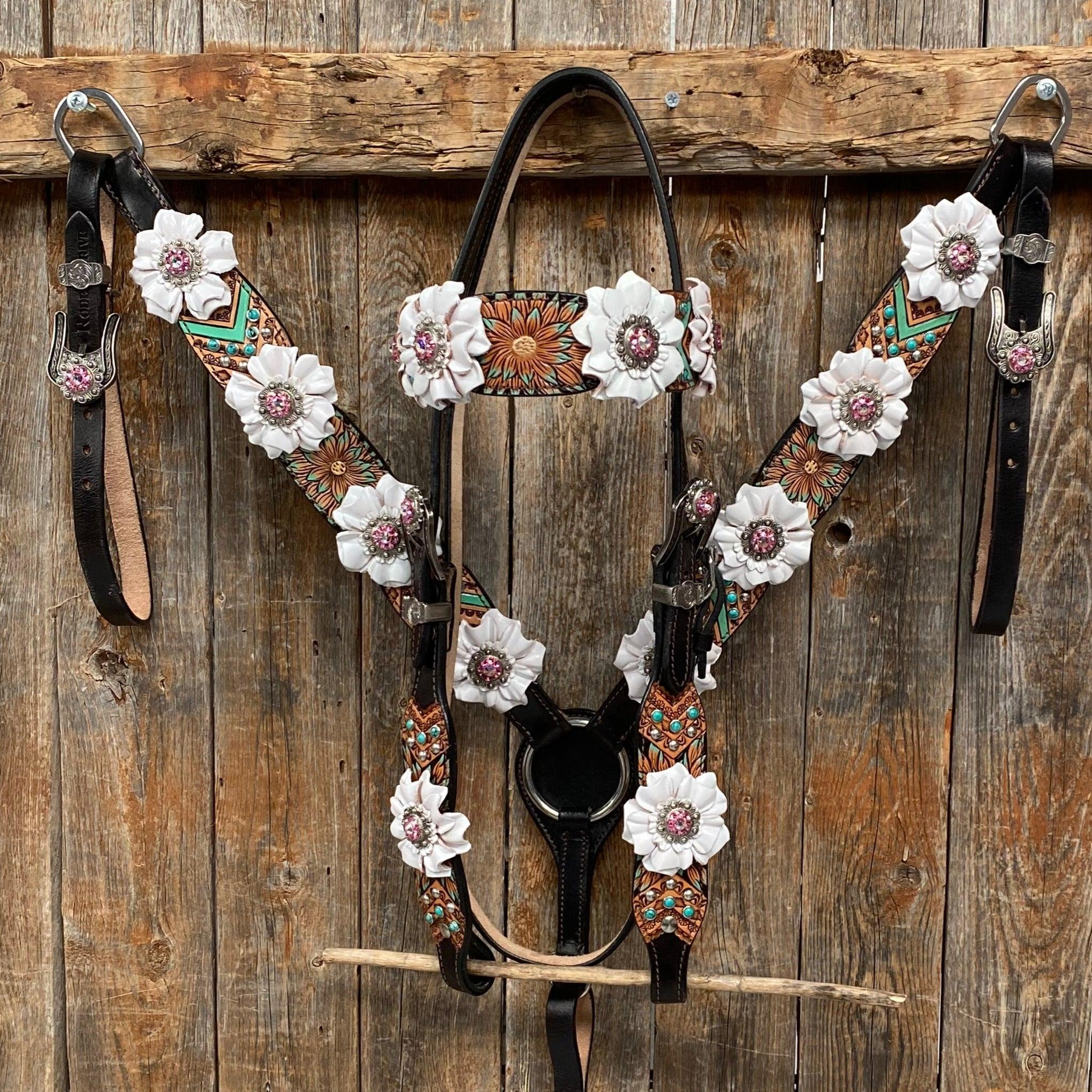 Two Tone Floral Pink and White Browband/ Breastcollar #BBBC539 - RODEO DRIVE