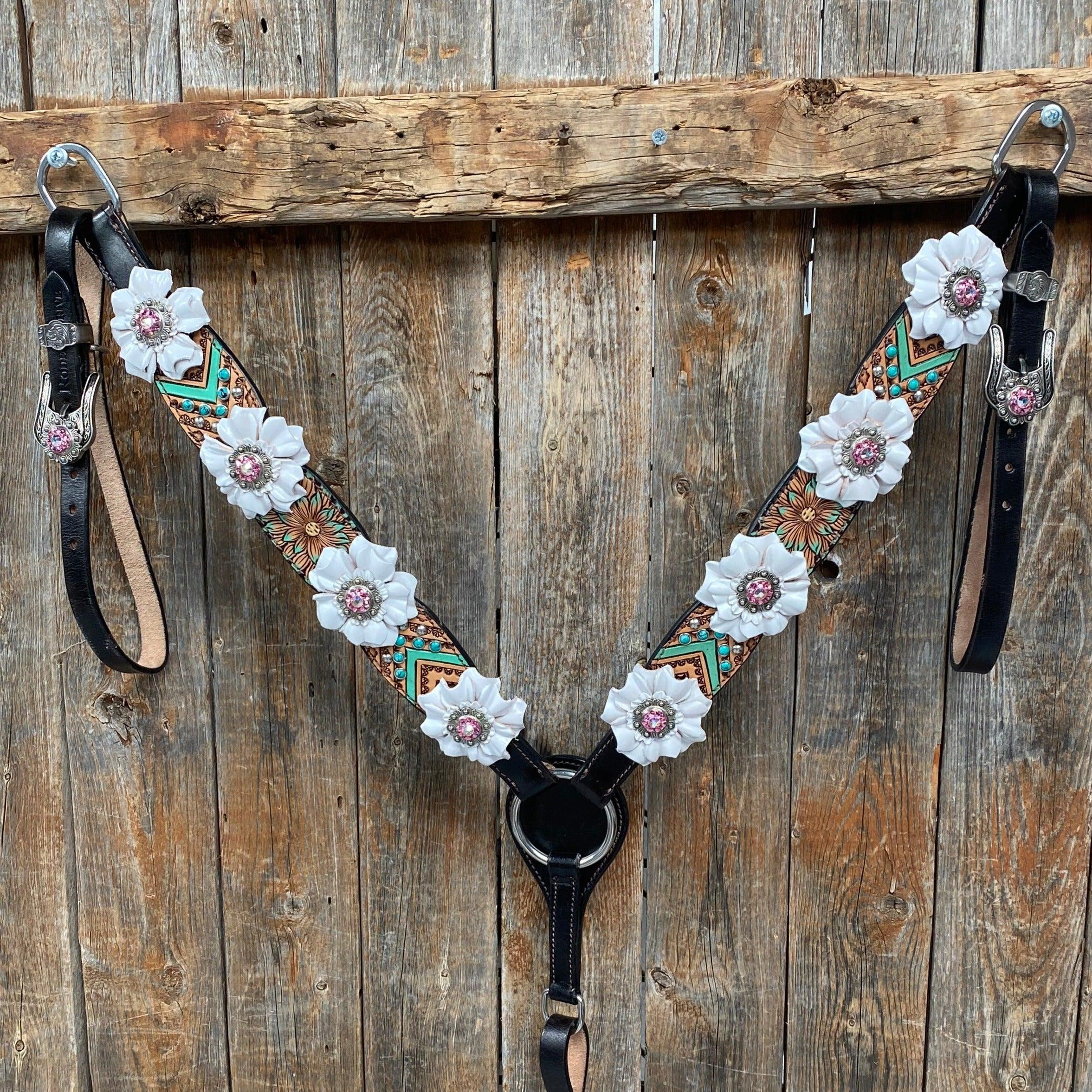 Two Tone Floral Pink and White Browband/ Breastcollar #BBBC539 - RODEO DRIVE