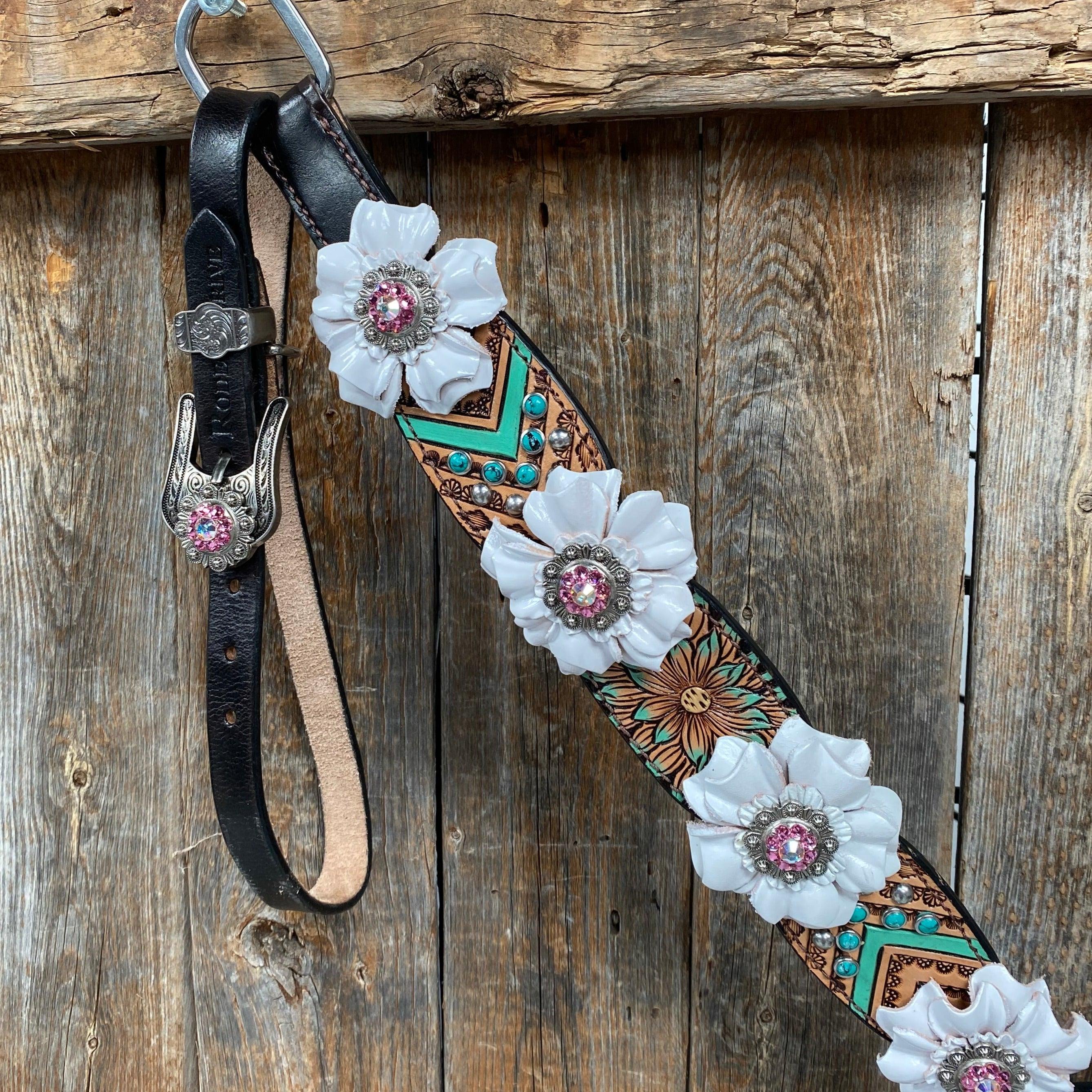 Two Tone Floral Pink and White Browband/ Breastcollar #BBBC539 - RODEO DRIVE