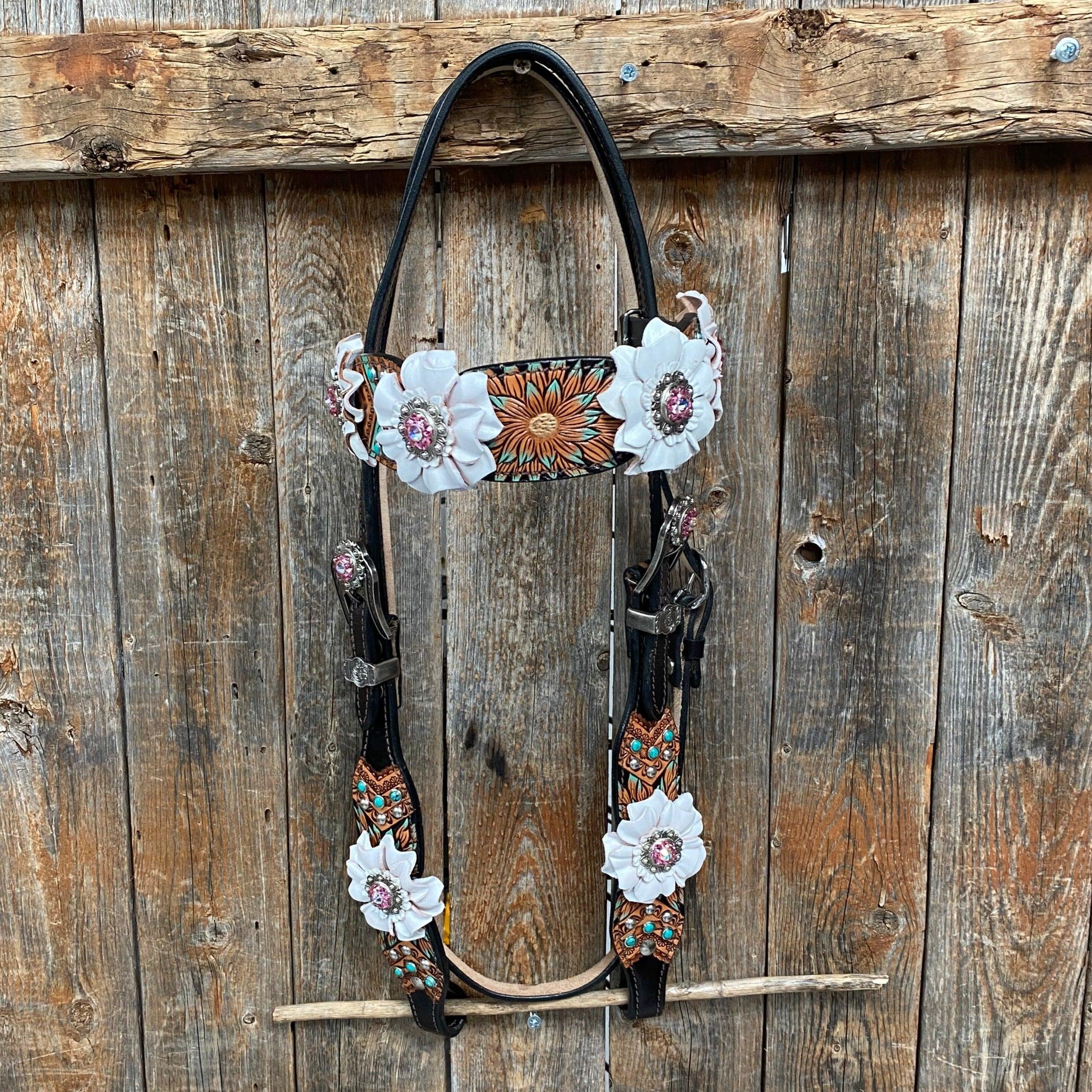 Two Tone Floral Pink and White Browband/ Breastcollar #BBBC539 - RODEO DRIVE