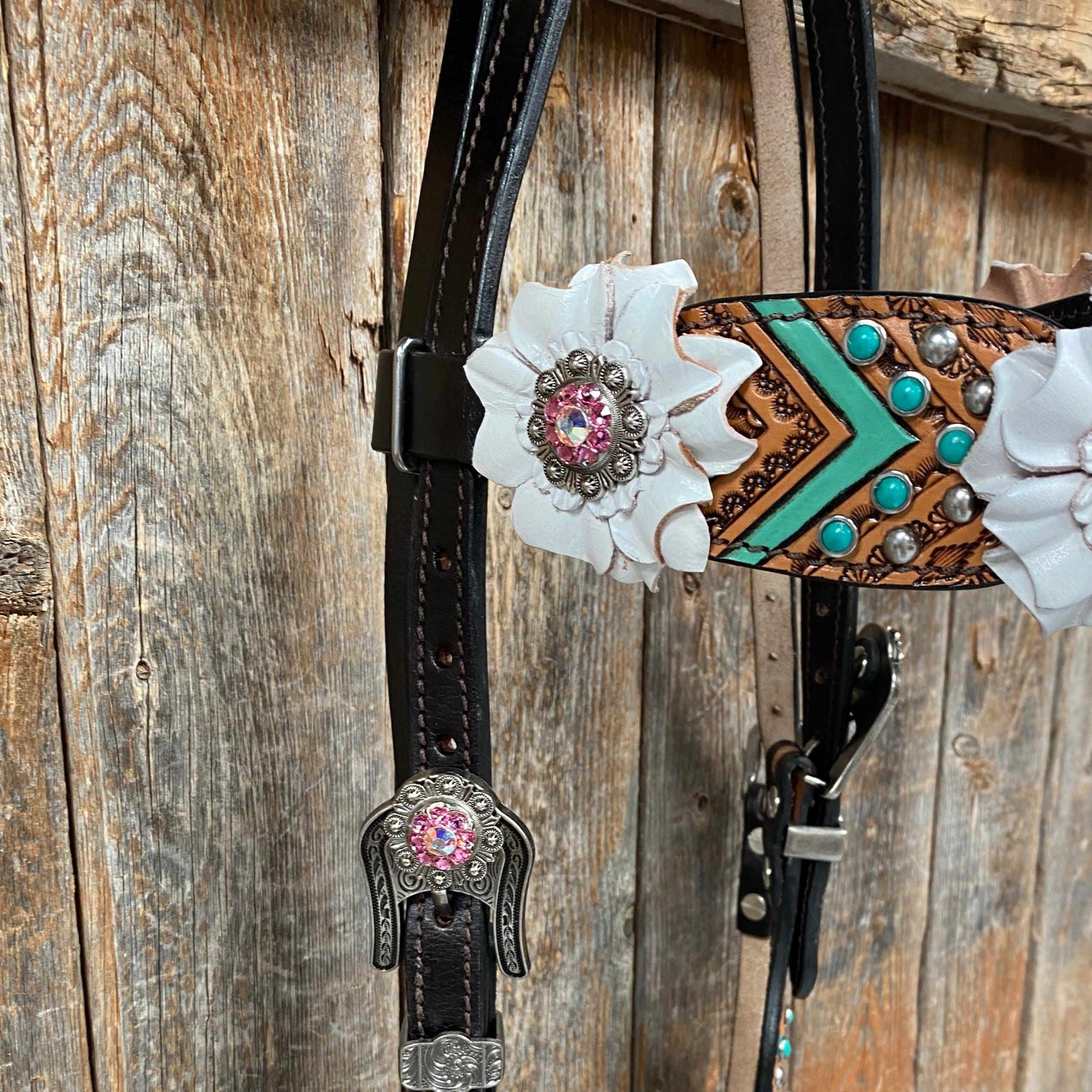 Two Tone Floral Pink and White Browband/ Breastcollar #BBBC539 - RODEO DRIVE
