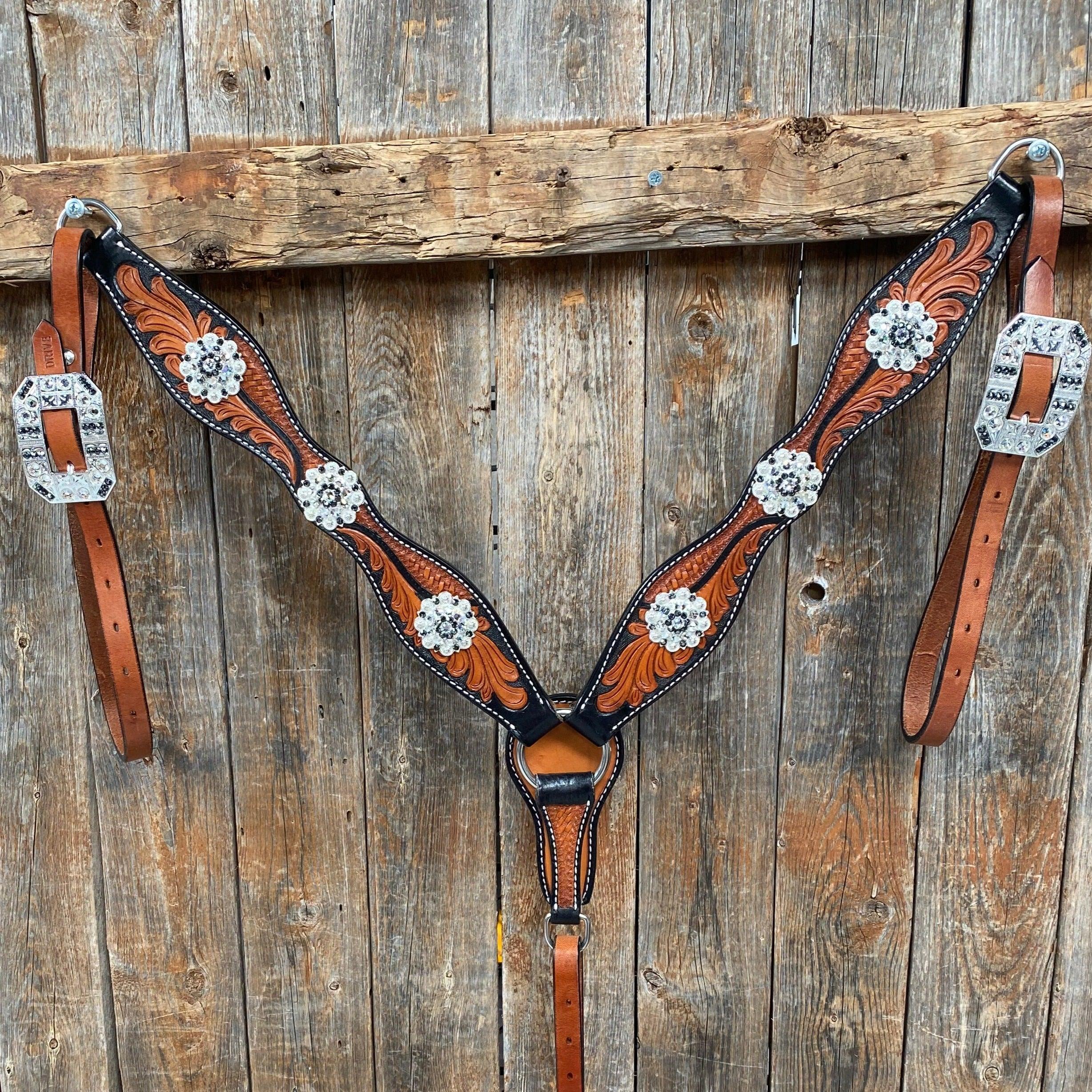 Two Tone Leaf Jet and Clear One Ear & Breastcollar Tack Set #OEBC543 - RODEO DRIVE