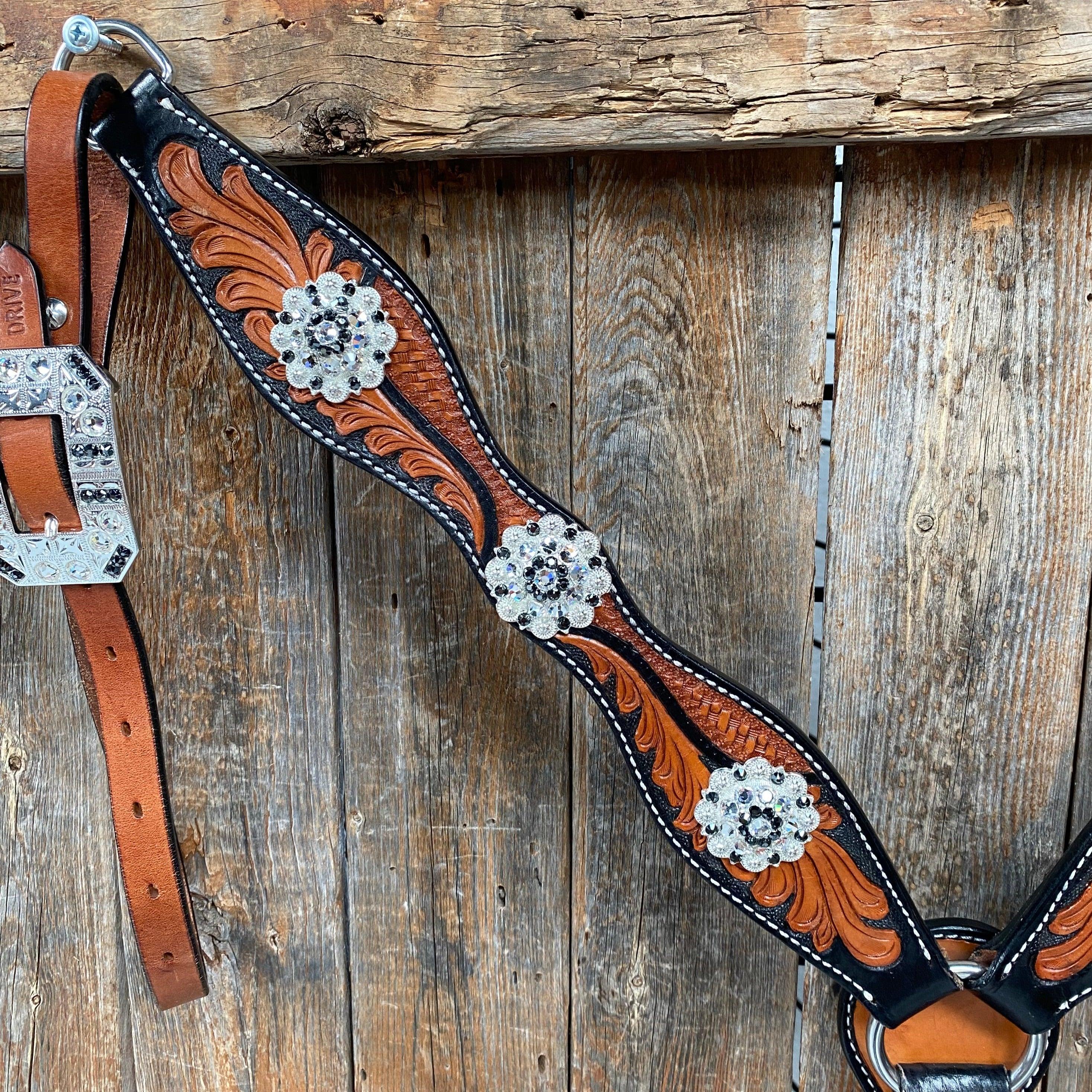 Two Tone Leaf Jet and Clear One Ear & Breastcollar Tack Set #OEBC543 - RODEO DRIVE