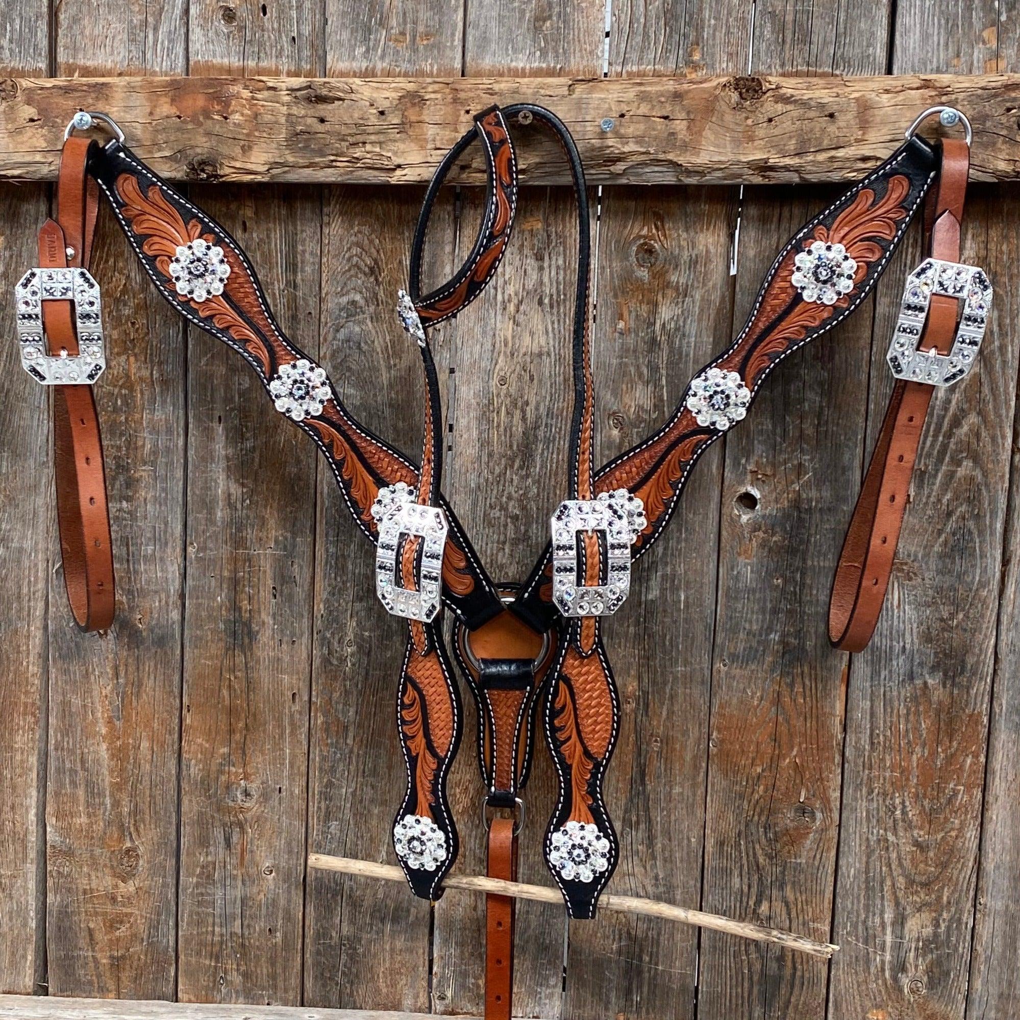 Two Tone Leaf Jet and Clear One Ear & Breastcollar Tack Set #OEBC543 - RODEO DRIVE