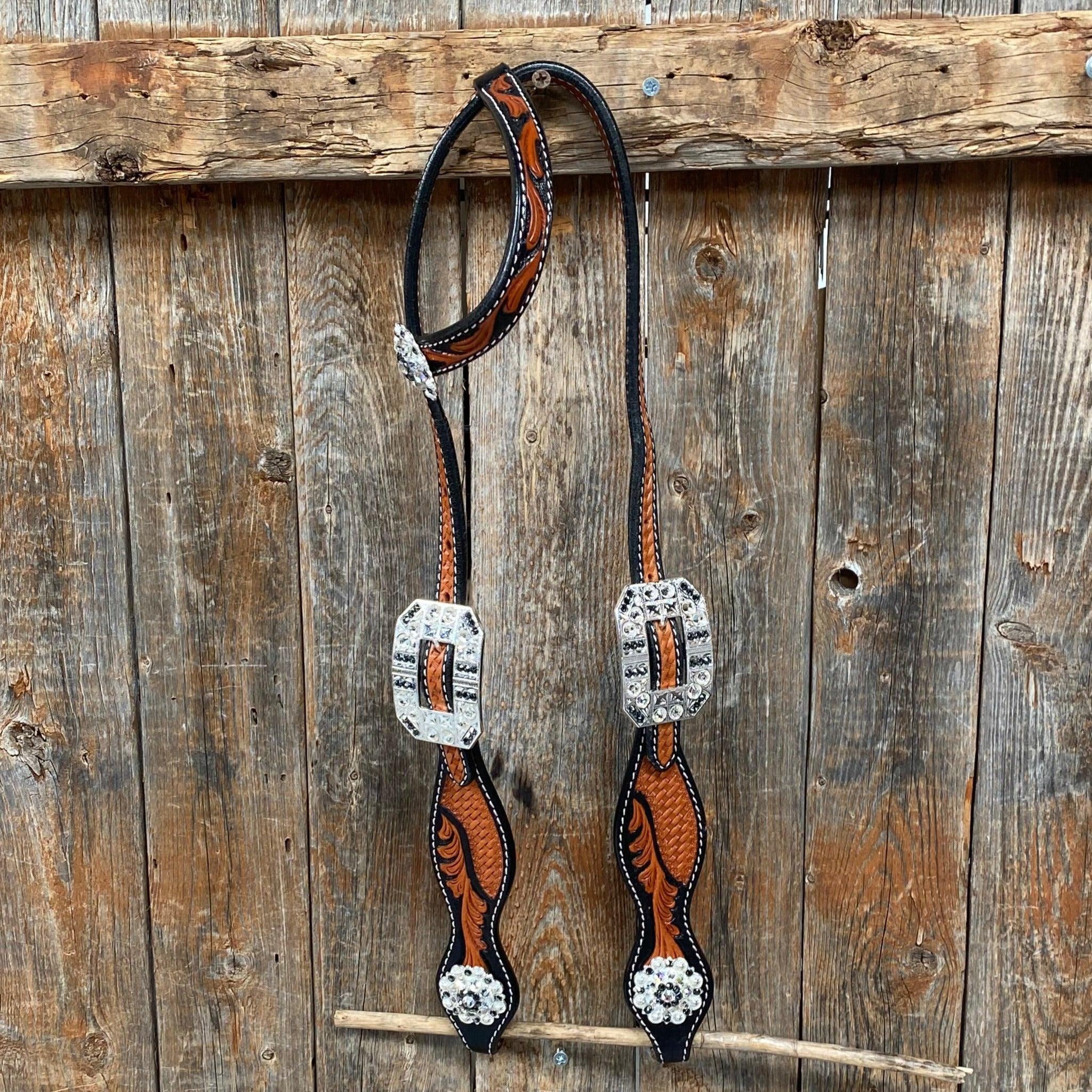 Two Tone Leaf Jet and Clear One Ear & Breastcollar Tack Set #OEBC543 - RODEO DRIVE